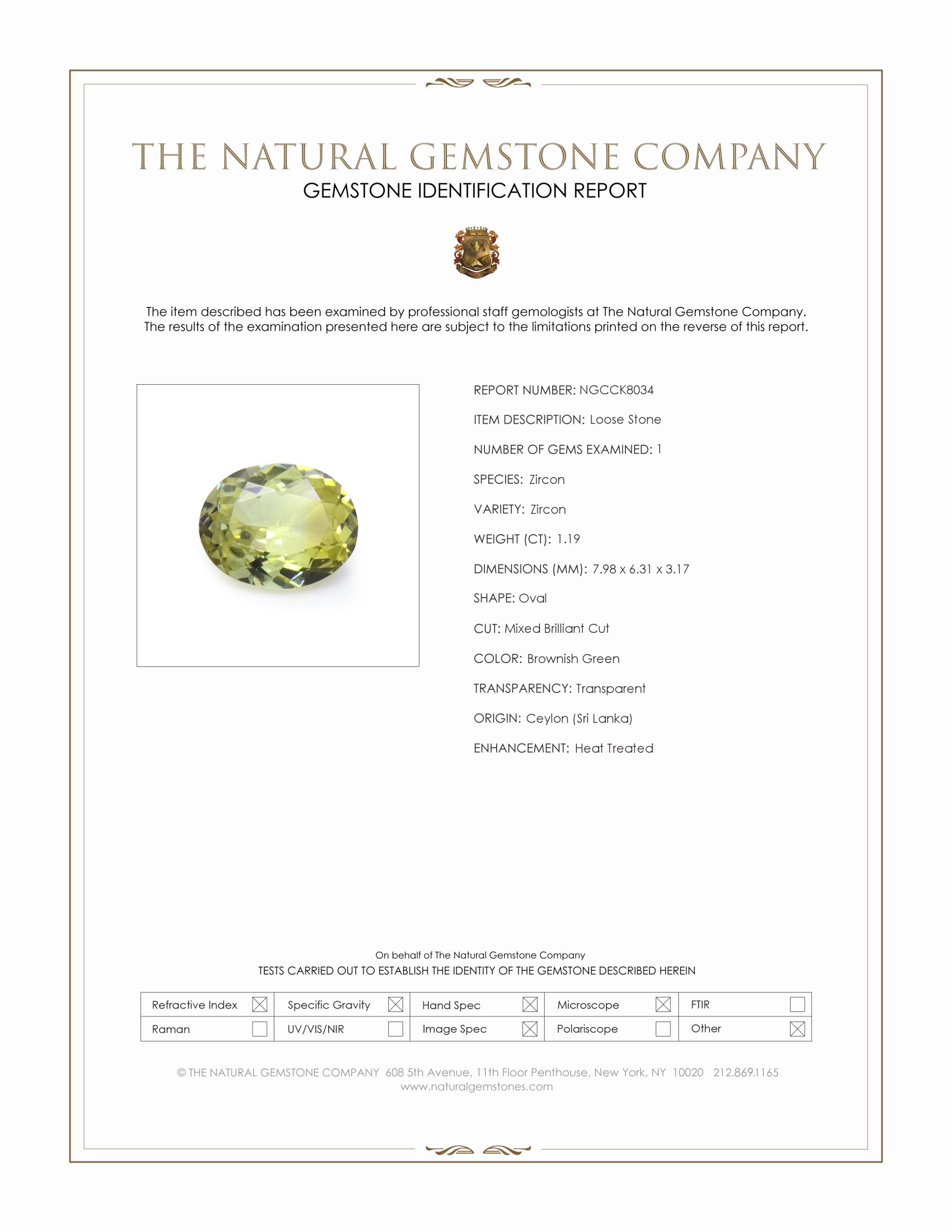 1.19 Ct. Brownish Green Zircon from Ceylon (Sri Lanka)