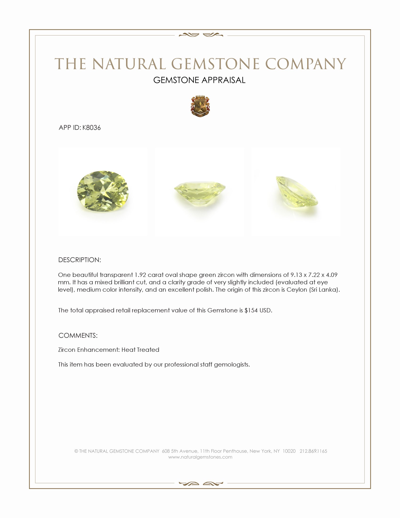 1.92 Ct. Green Zircon from Ceylon (Sri Lanka)
