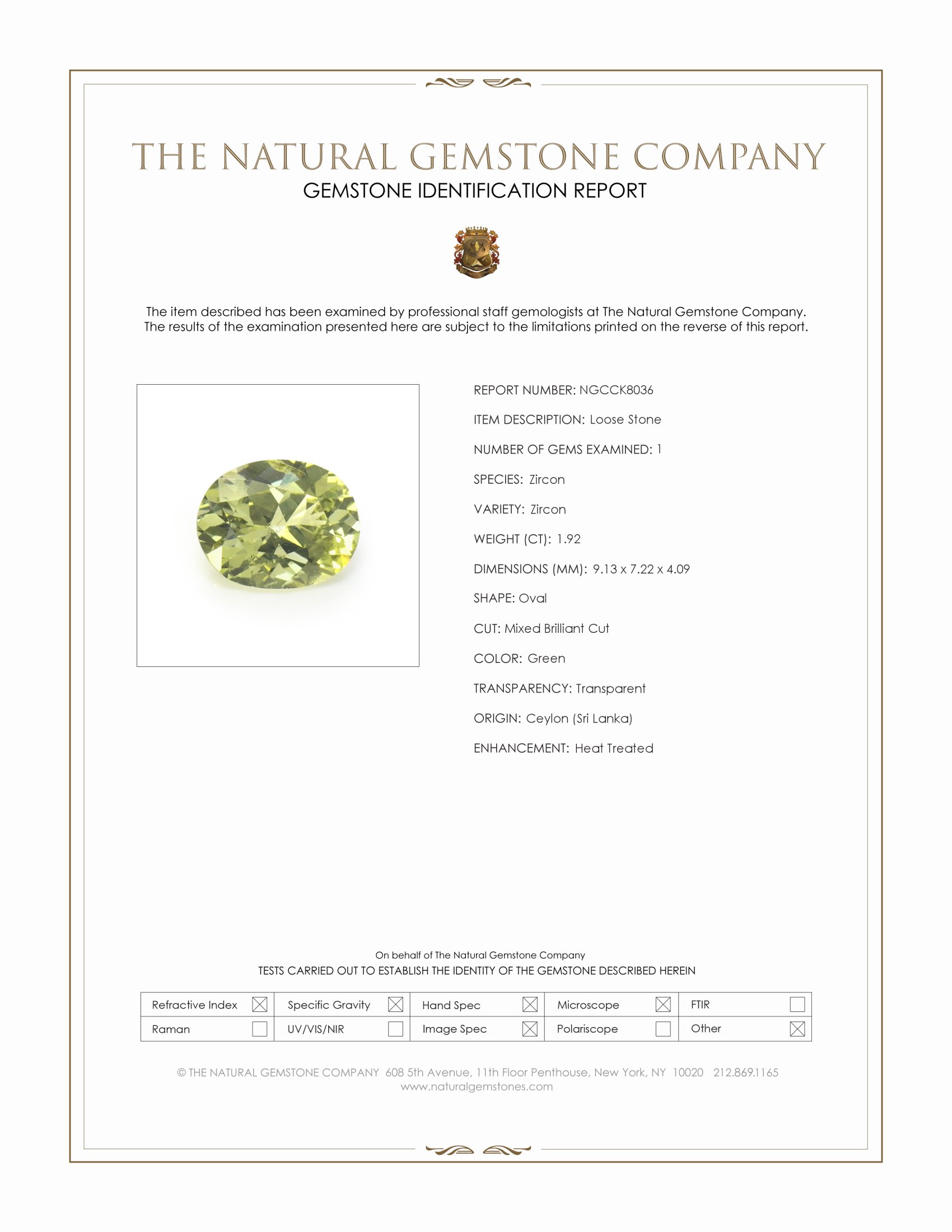 1.92 Ct. Green Zircon from Ceylon (Sri Lanka)
