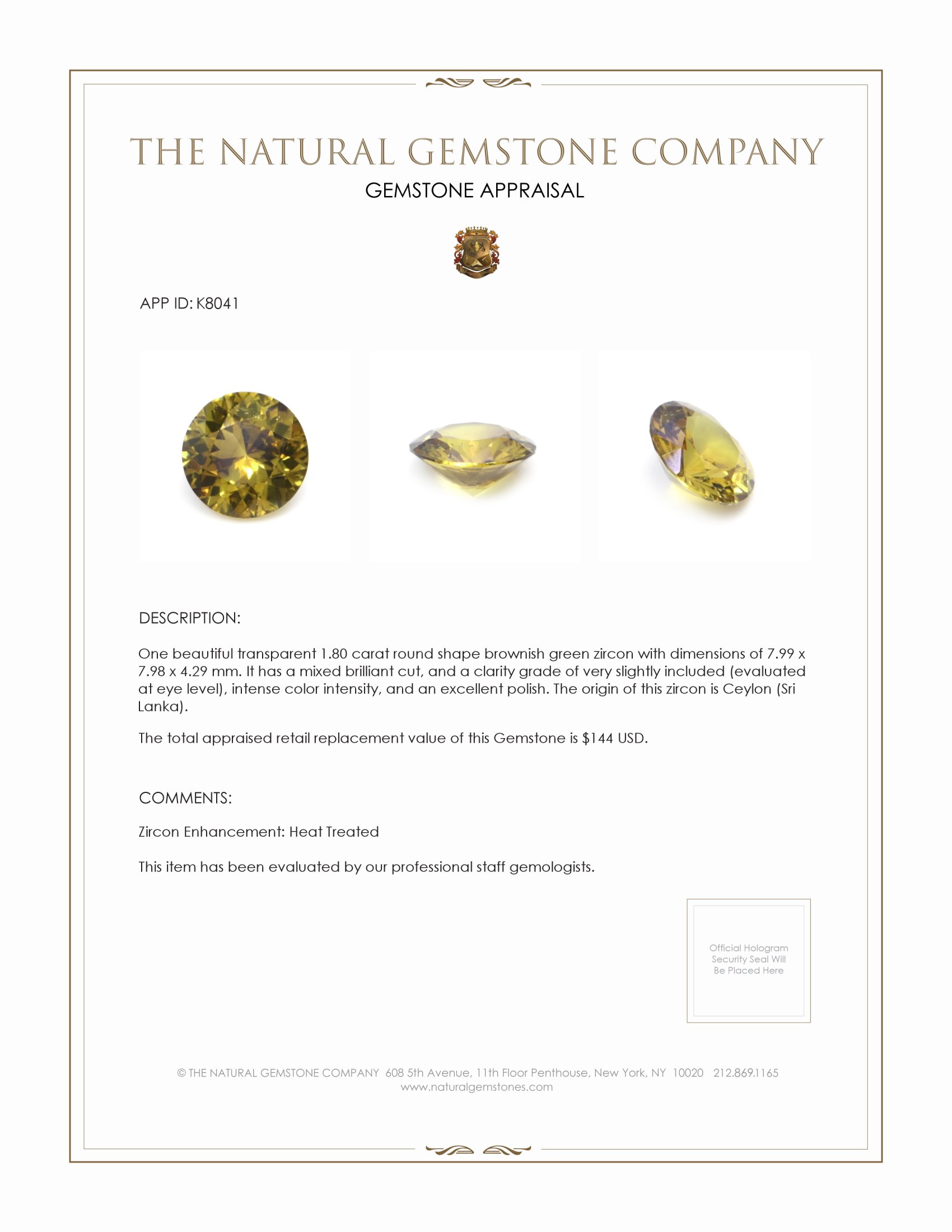 1.80 Ct. Brownish Green Zircon from Ceylon (Sri Lanka)