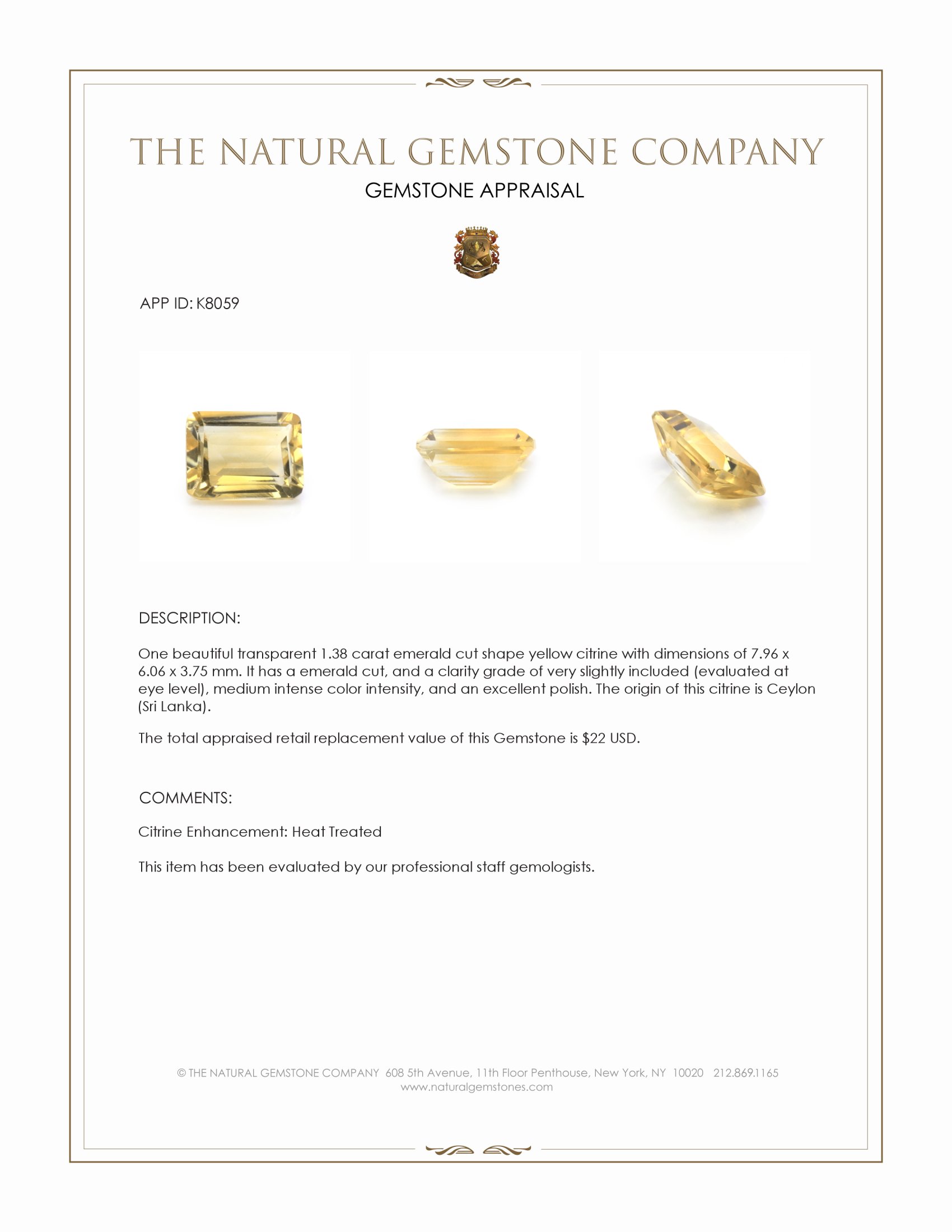 1.38 Ct. Citrine from Ceylon (Sri Lanka)