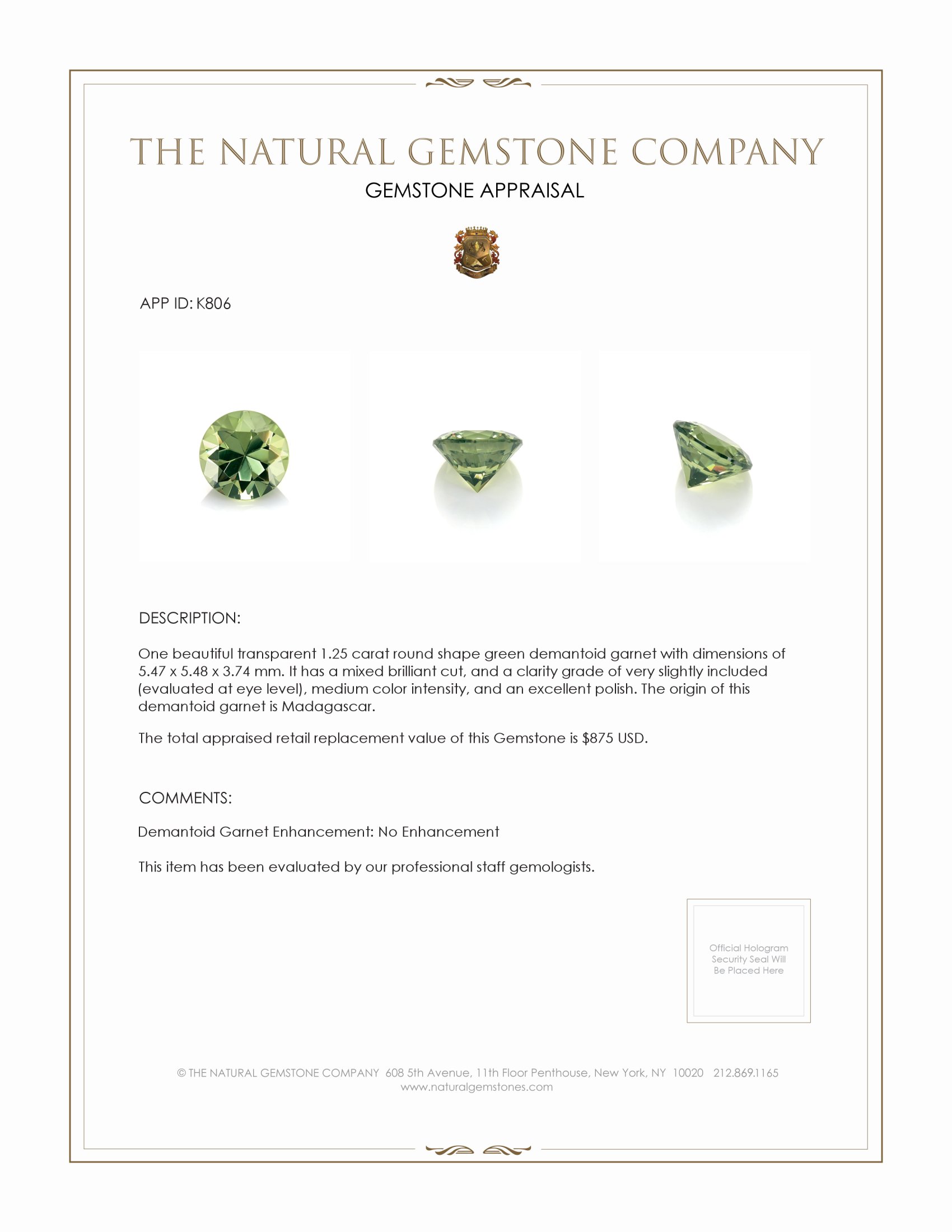 1.25 Ct. Demantoid Garnet from Madagascar