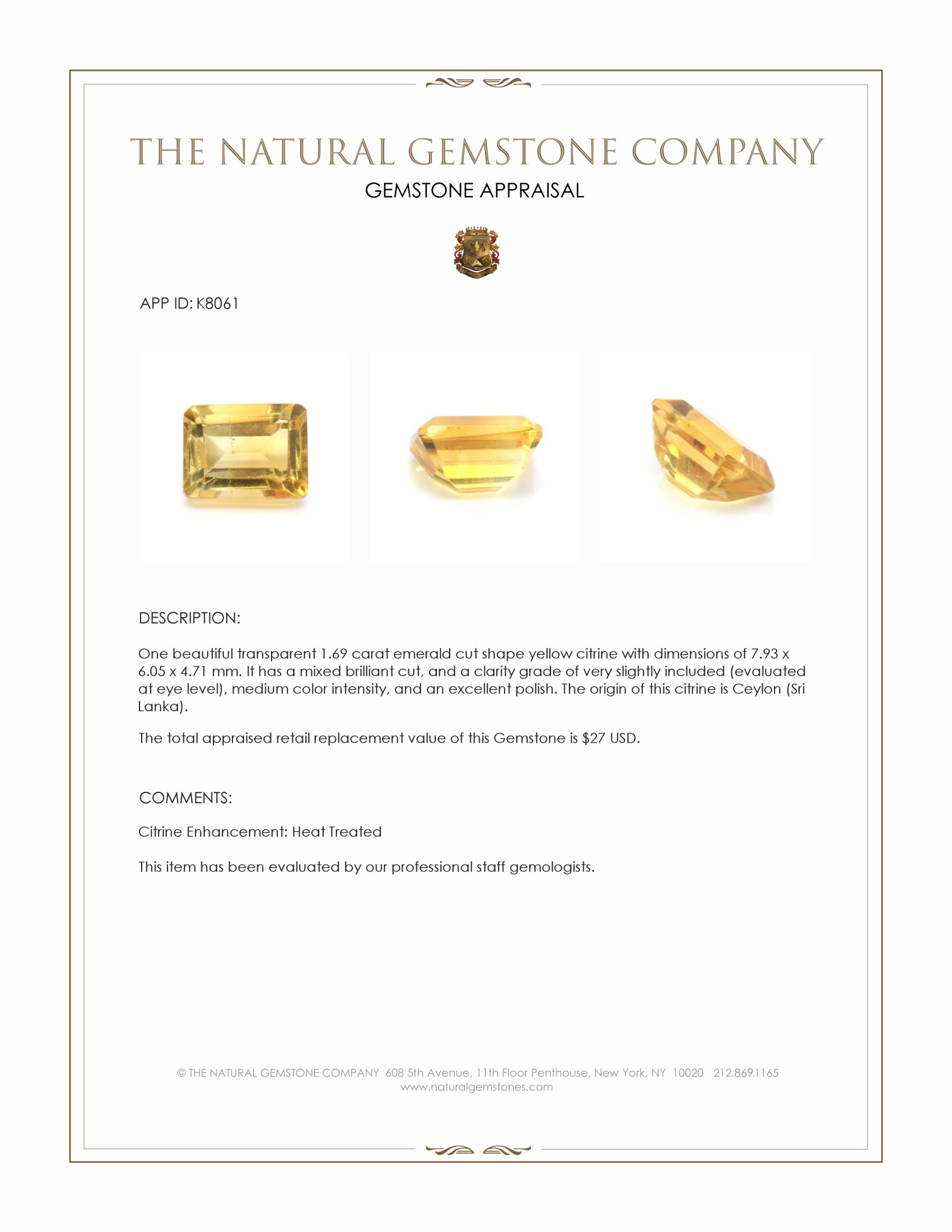 1.69 Ct. Citrine from Ceylon (Sri Lanka)