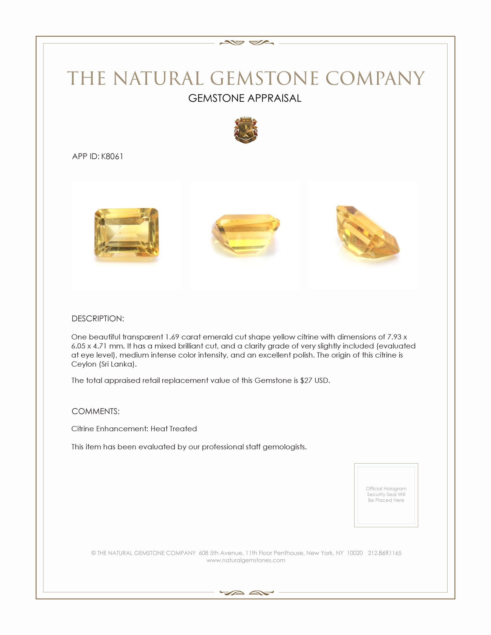 1.69 Ct. Citrine from Ceylon (Sri Lanka)