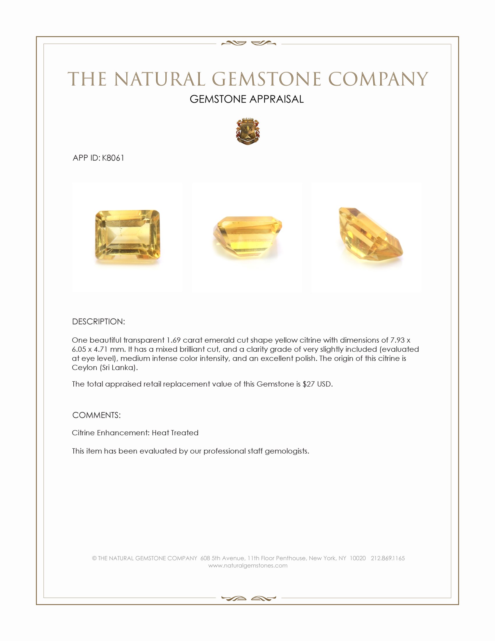 1.69 Ct. Citrine from Ceylon (Sri Lanka)