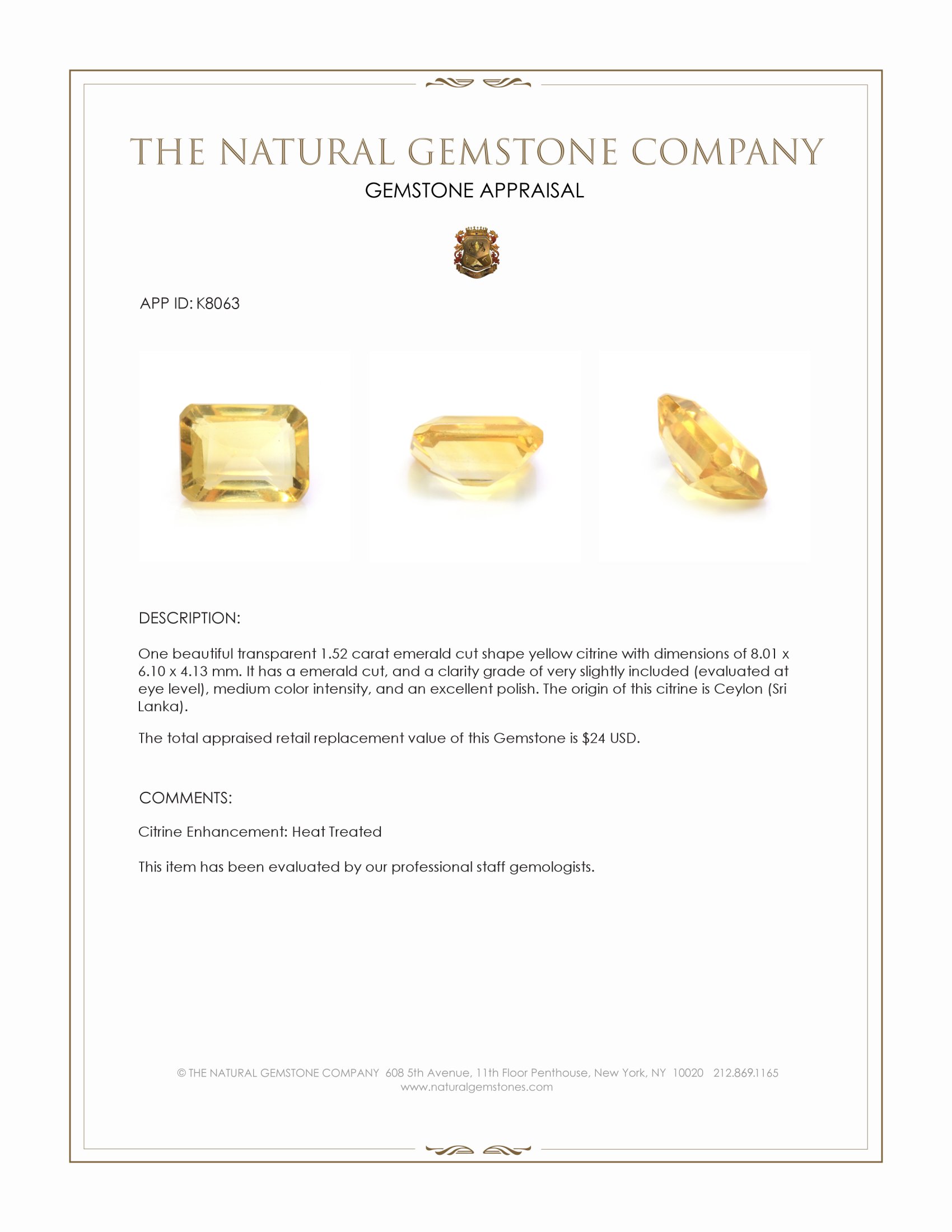 1.52 Ct. Citrine from Ceylon (Sri Lanka)