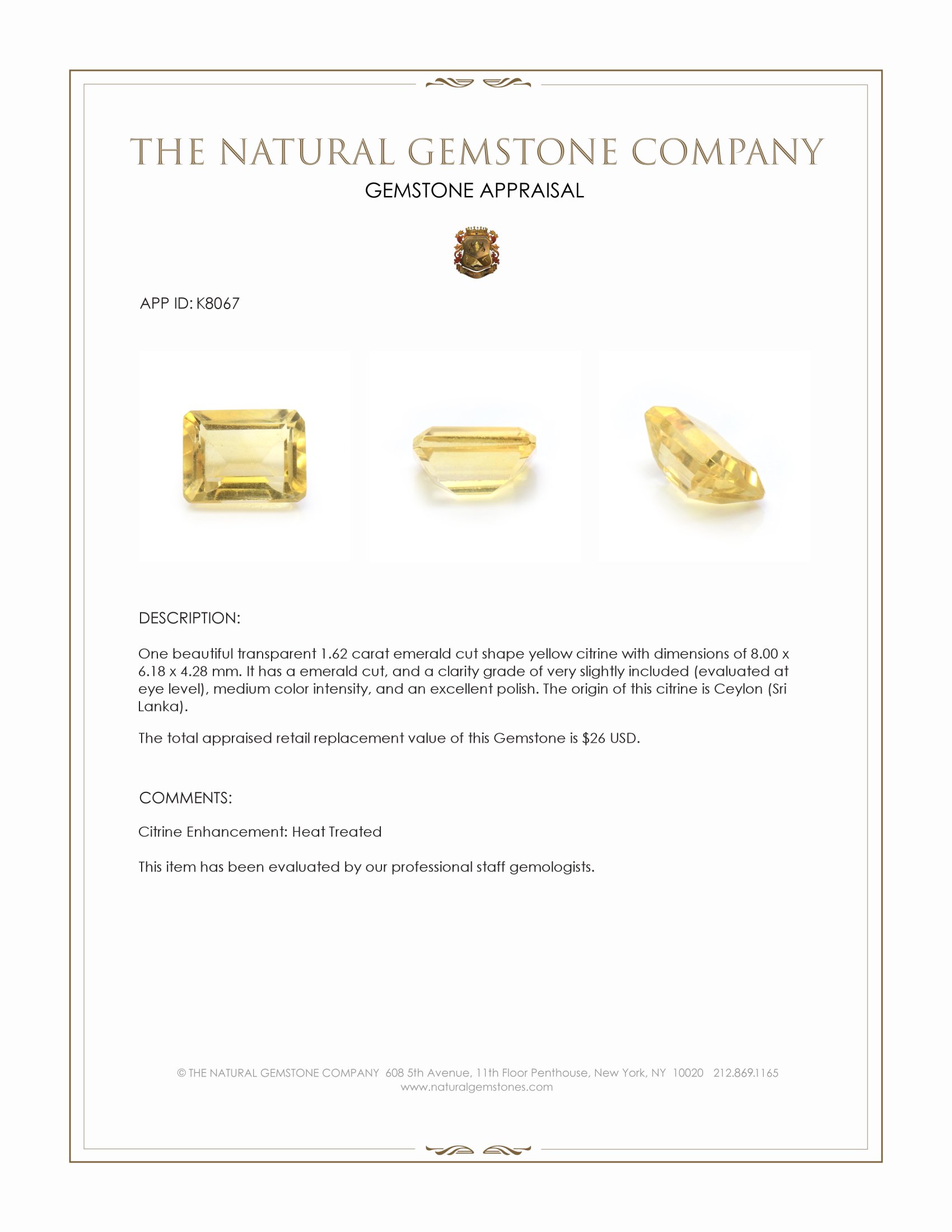 1.62 Ct. Citrine from Ceylon (Sri Lanka)