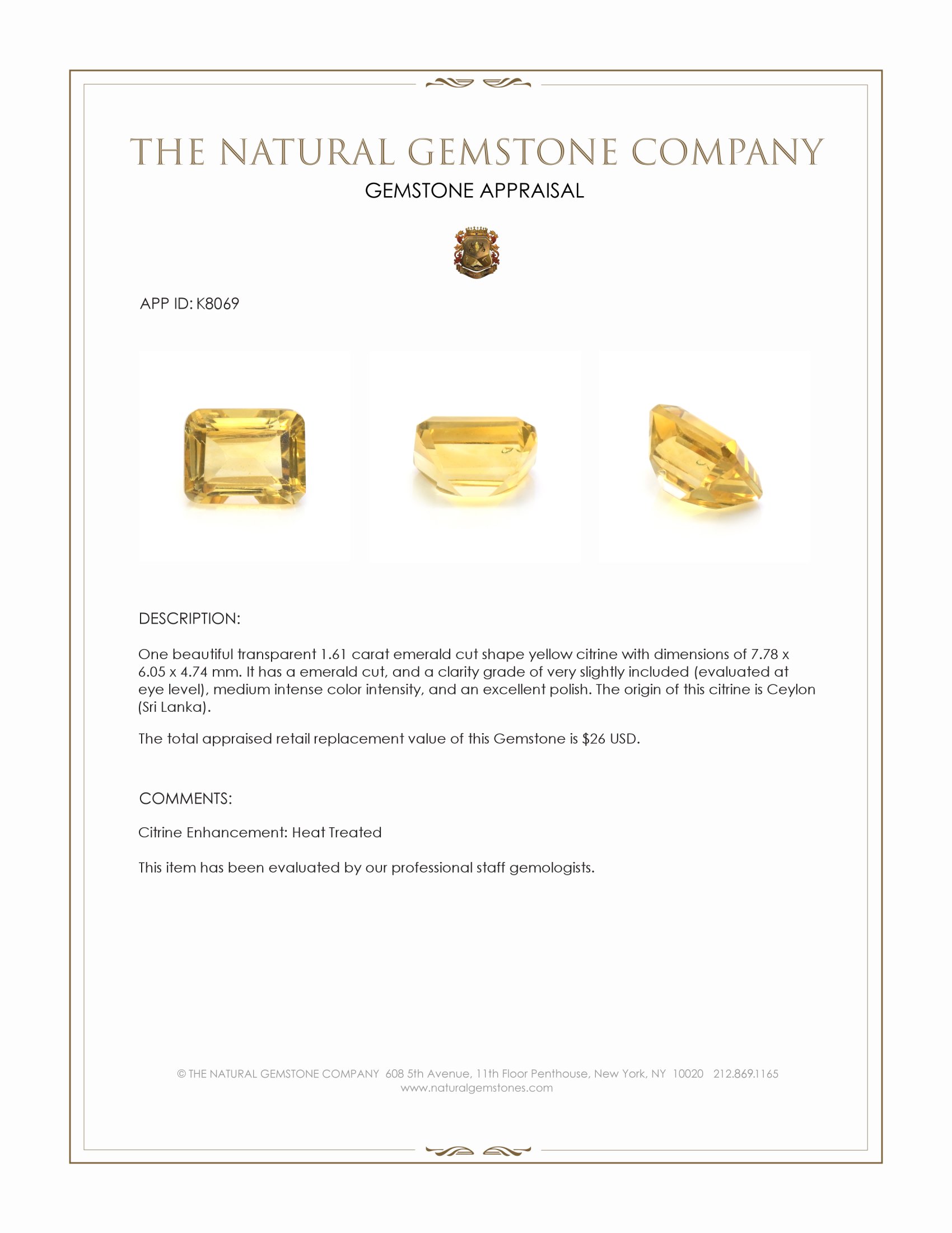 1.61 Ct. Citrine from Ceylon (Sri Lanka)