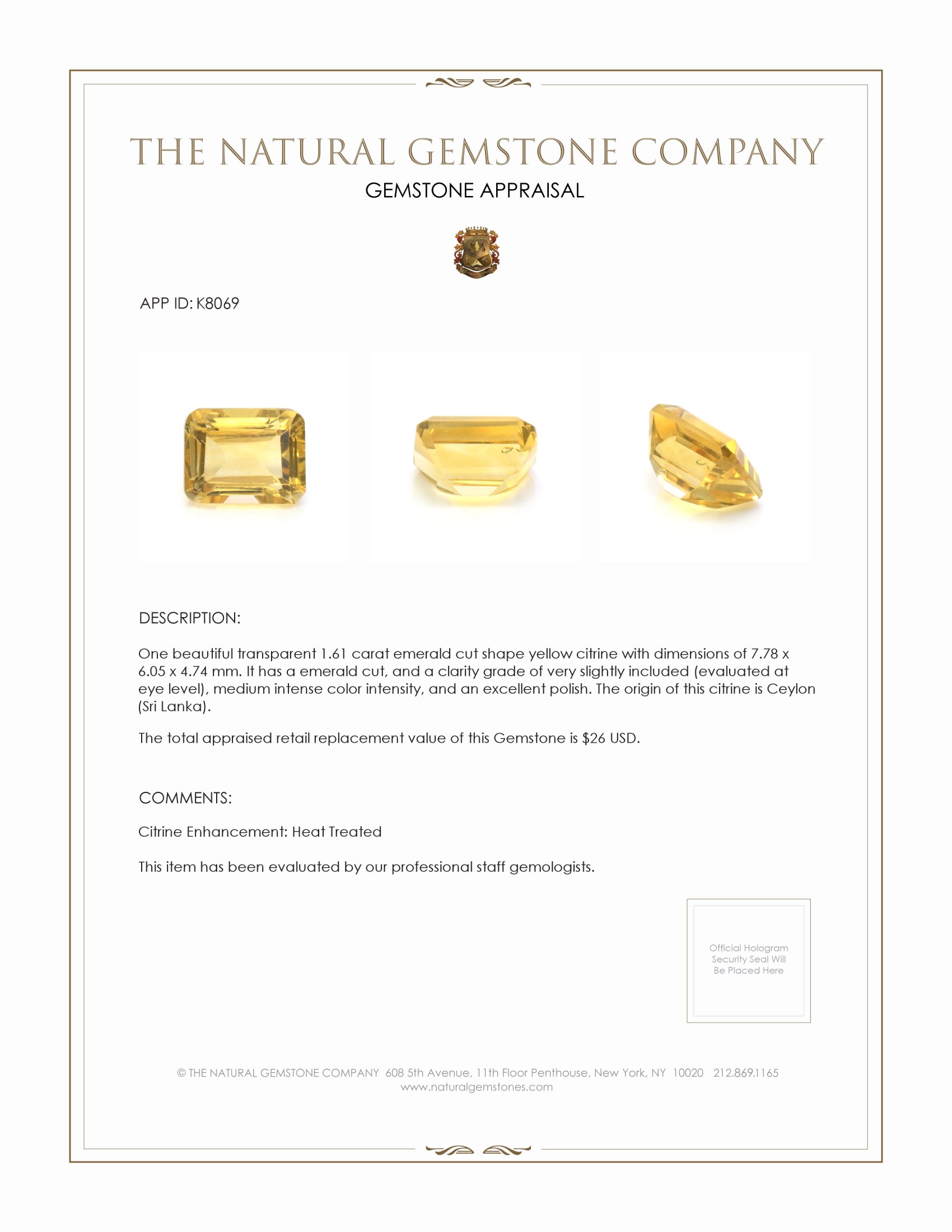 1.61 Ct. Citrine from Ceylon (Sri Lanka)