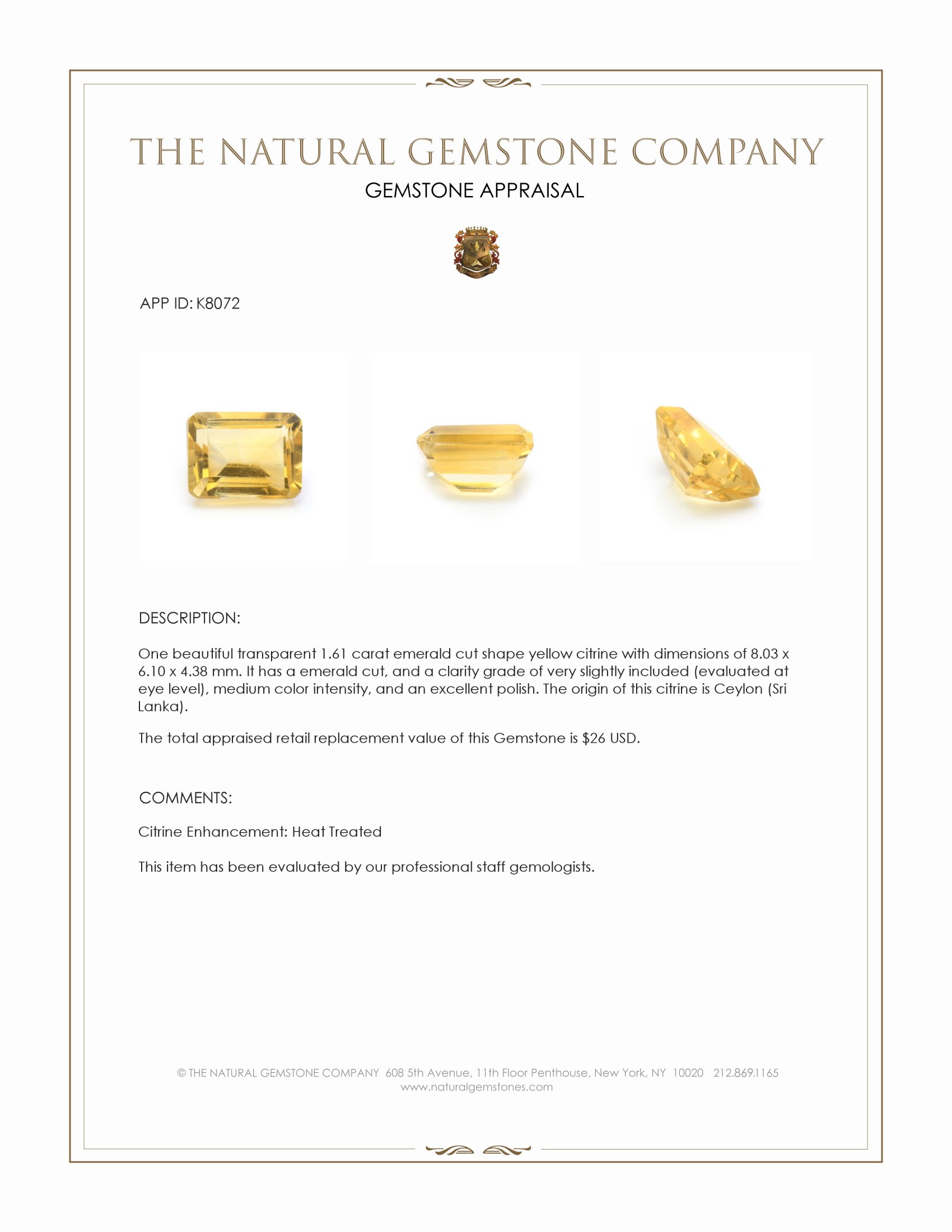 1.61 Ct. Yellow Citrine from Ceylon (Sri Lanka)