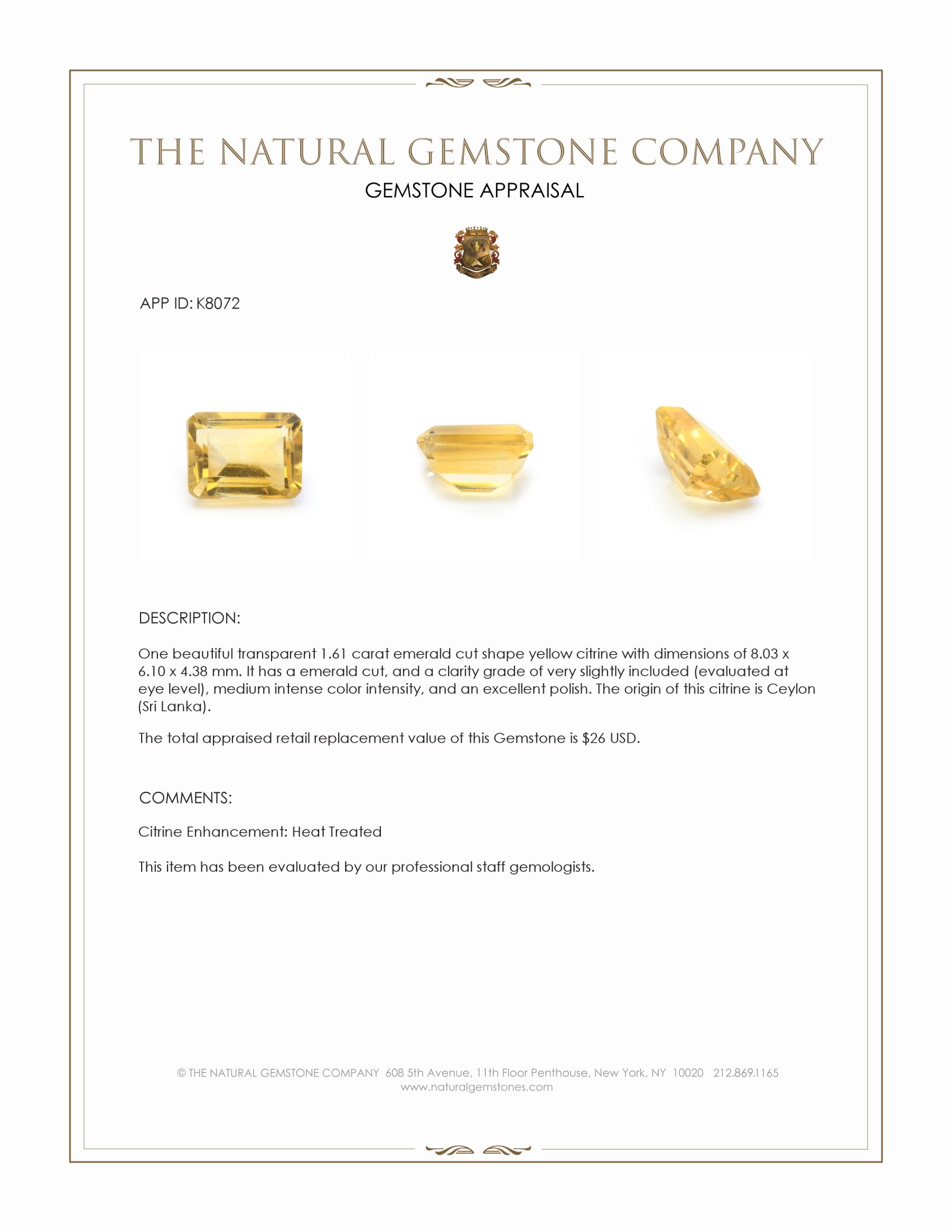 1.61 Ct. Citrine from Ceylon (Sri Lanka)