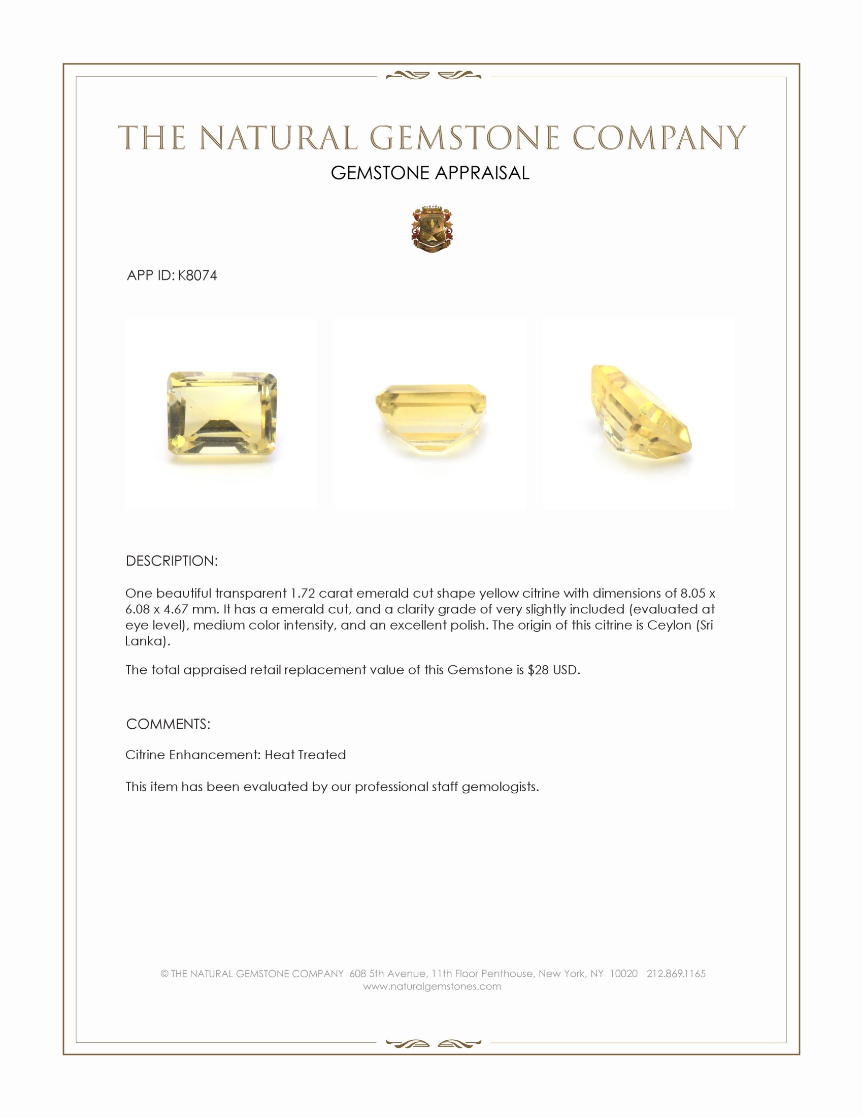 1.72 Ct. Citrine from Ceylon (Sri Lanka)