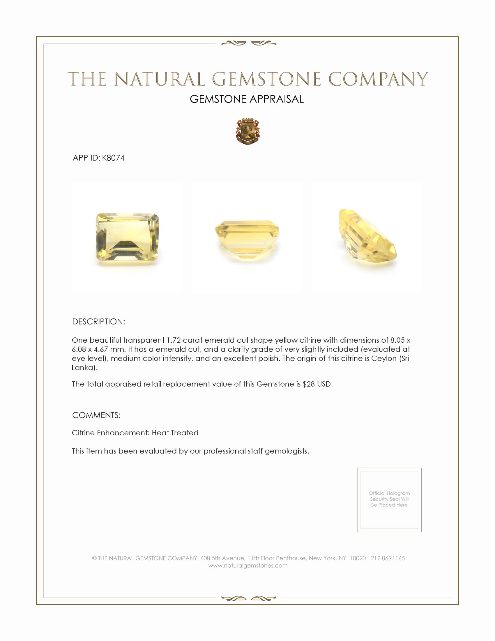 1.72 Ct. Citrine from Ceylon (Sri Lanka)