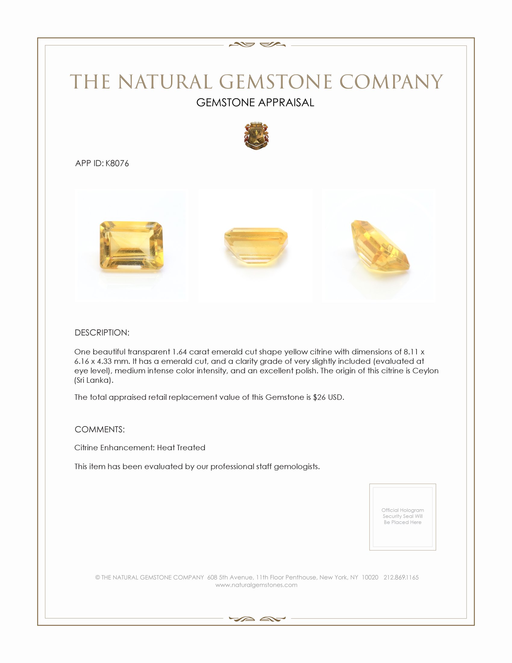 1.64 Ct. Citrine from Ceylon (Sri Lanka)