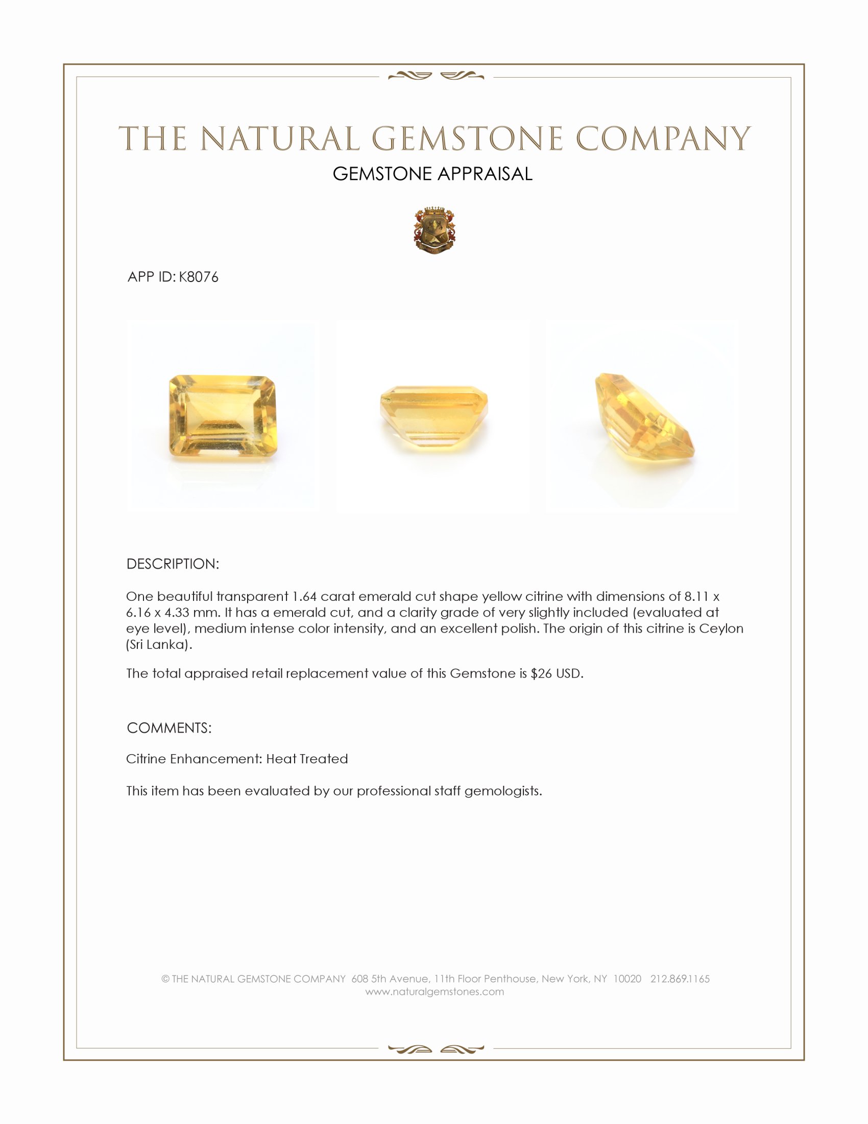 1.64 Ct. Citrine from Ceylon (Sri Lanka)