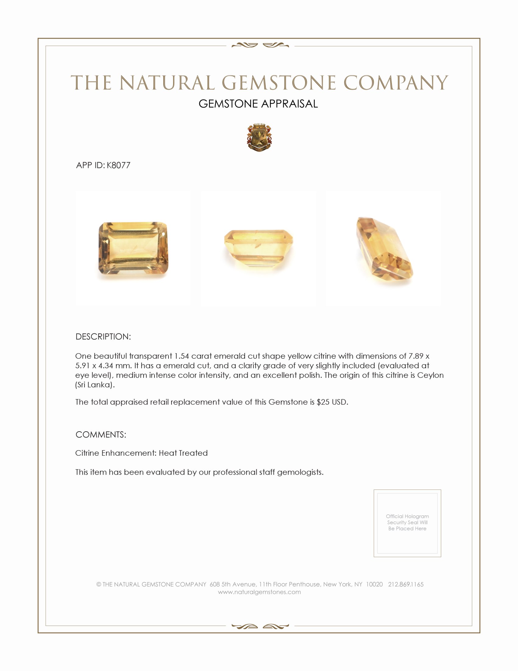 1.54 Ct. Citrine from Ceylon (Sri Lanka)