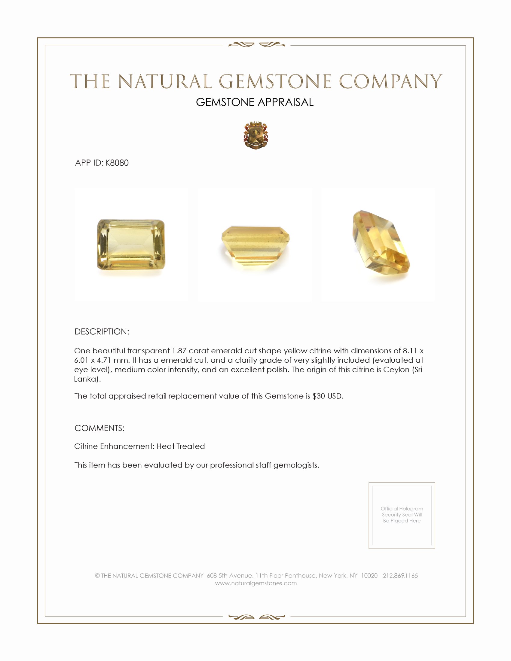 1.87 Ct. Yellow Citrine from Ceylon (Sri Lanka)