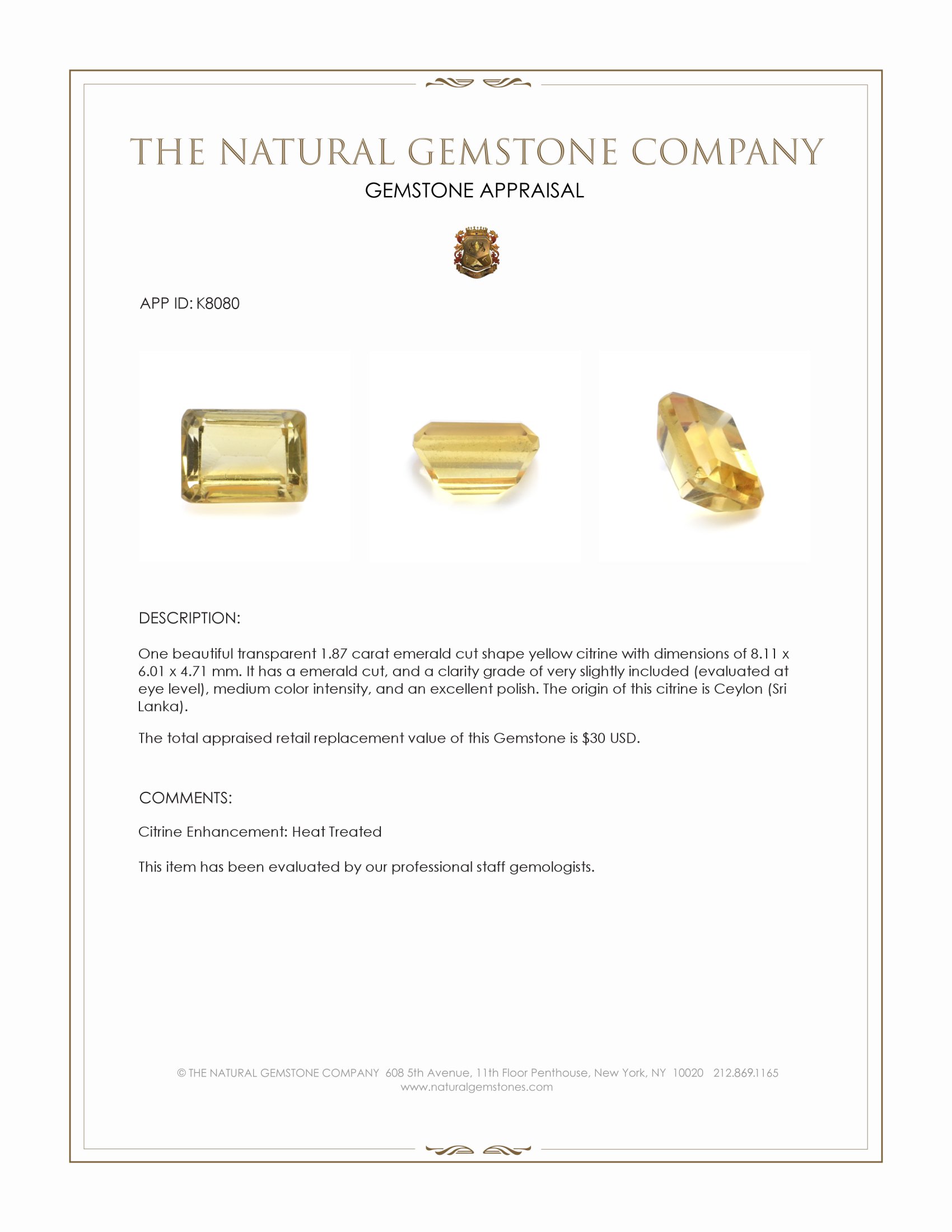 1.87 Ct. Citrine from Ceylon (Sri Lanka)