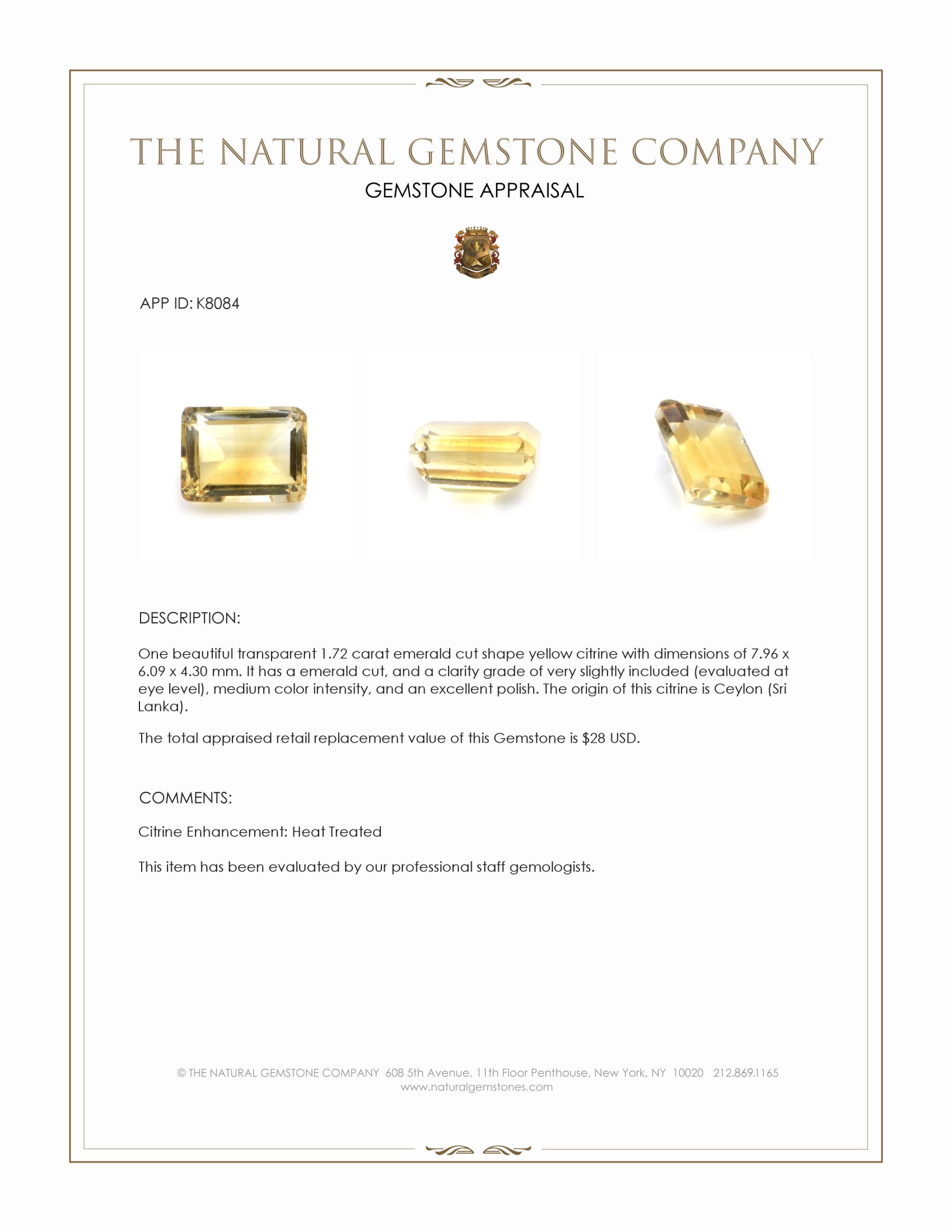 1.72 Ct. Citrine from Ceylon (Sri Lanka)