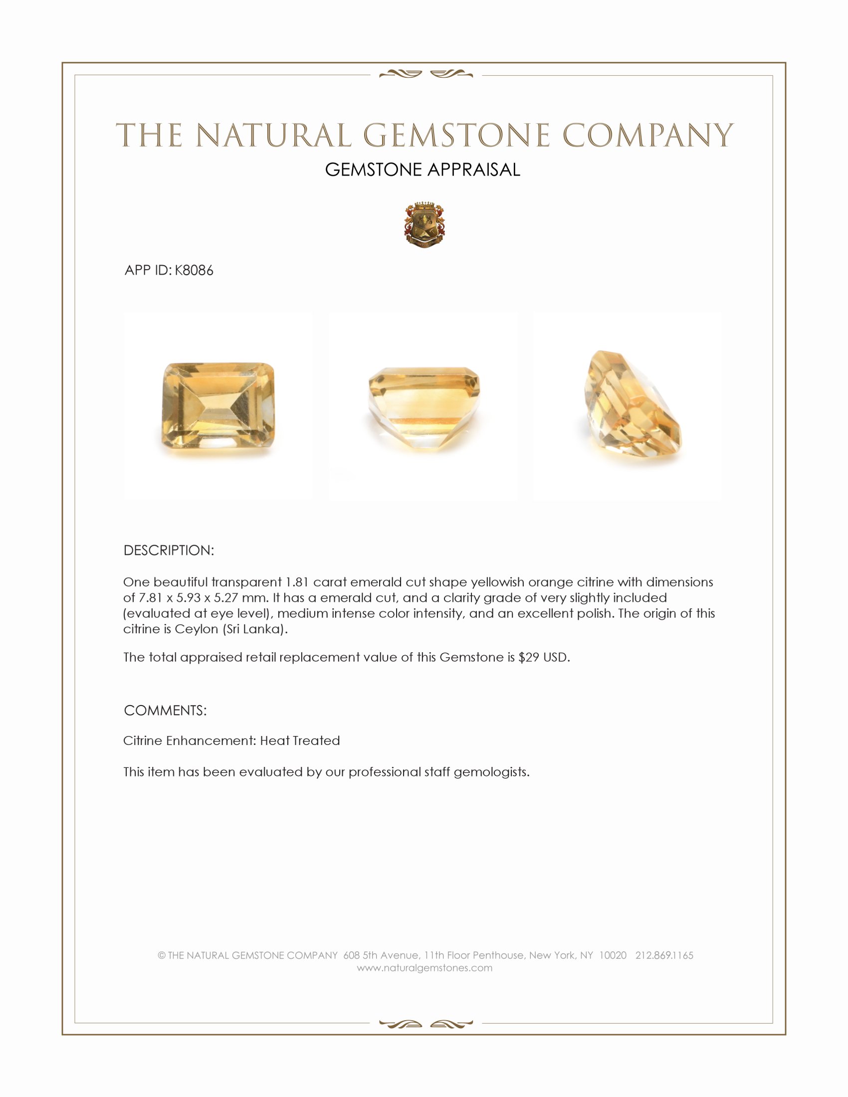 1.81 Ct. Citrine from Ceylon (Sri Lanka)