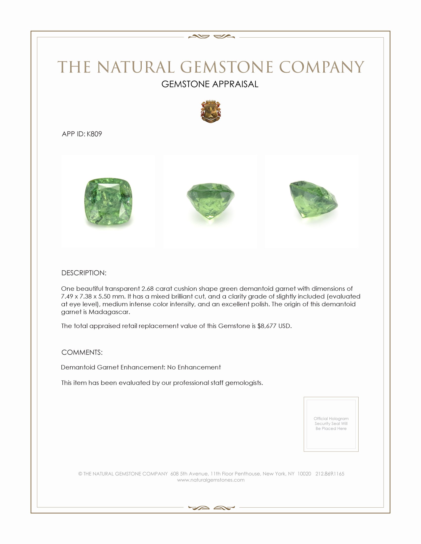 2.68 Ct. Demantoid Garnet from Madagascar