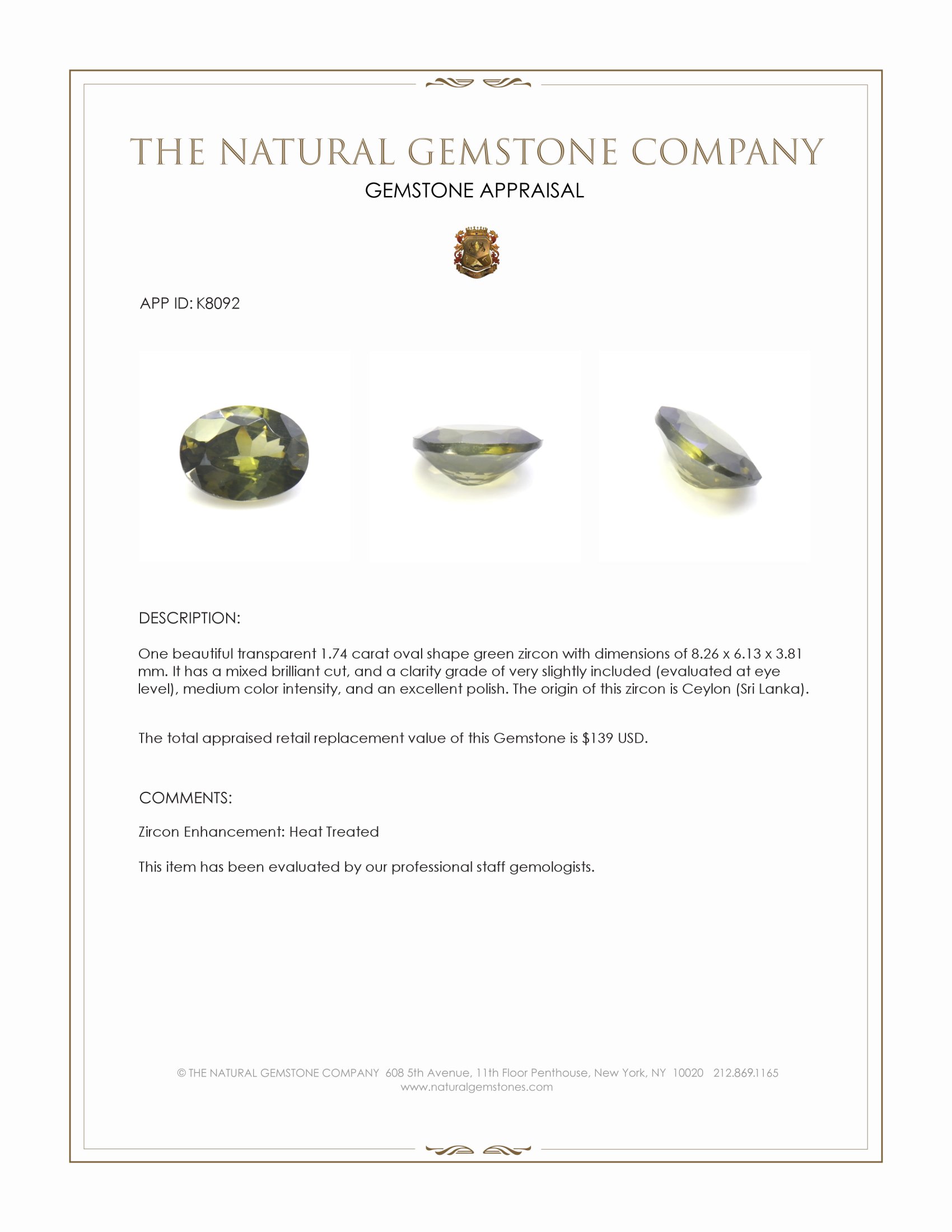 1.74 Ct. Green Zircon from Ceylon (Sri Lanka)