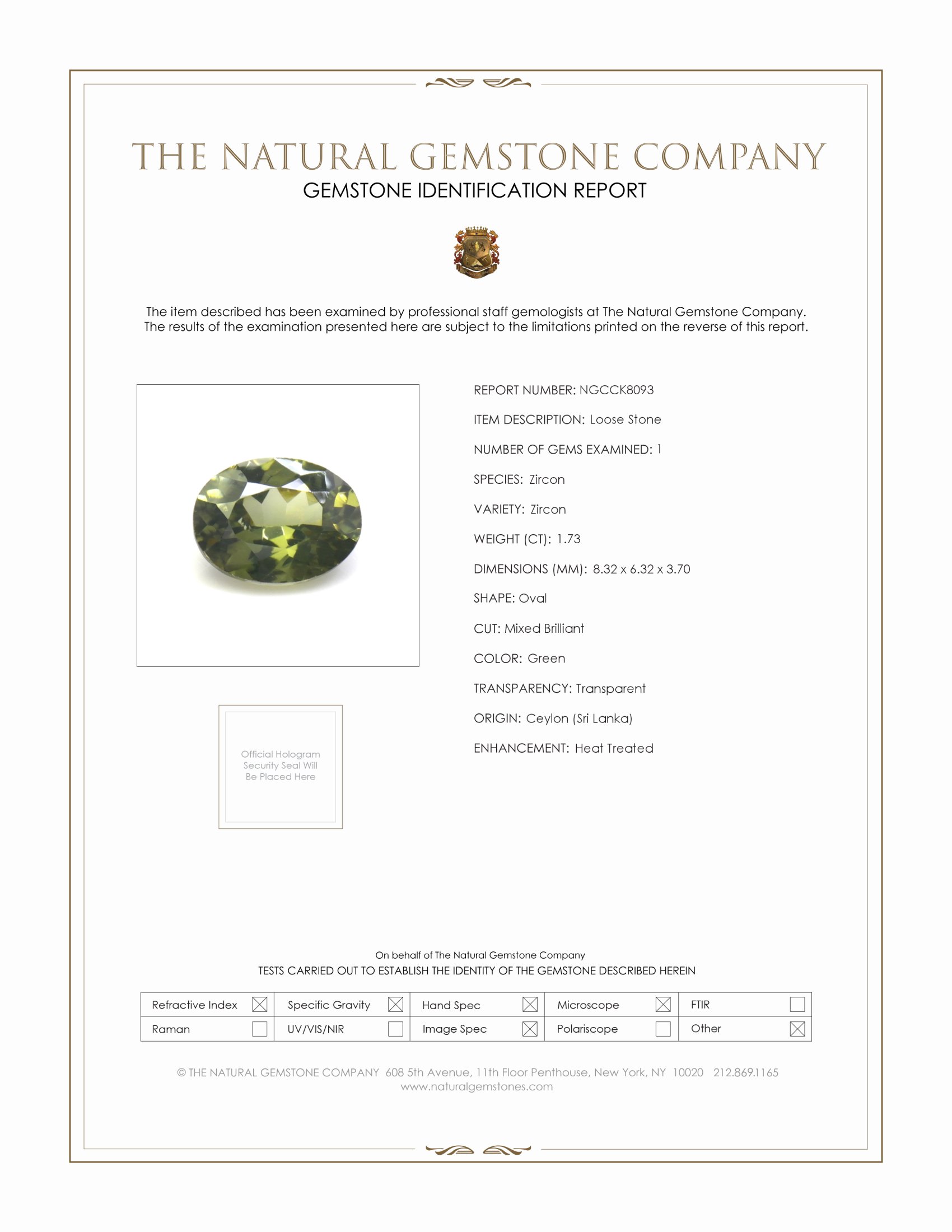 1.73 Ct. Green Zircon from Ceylon (Sri Lanka)