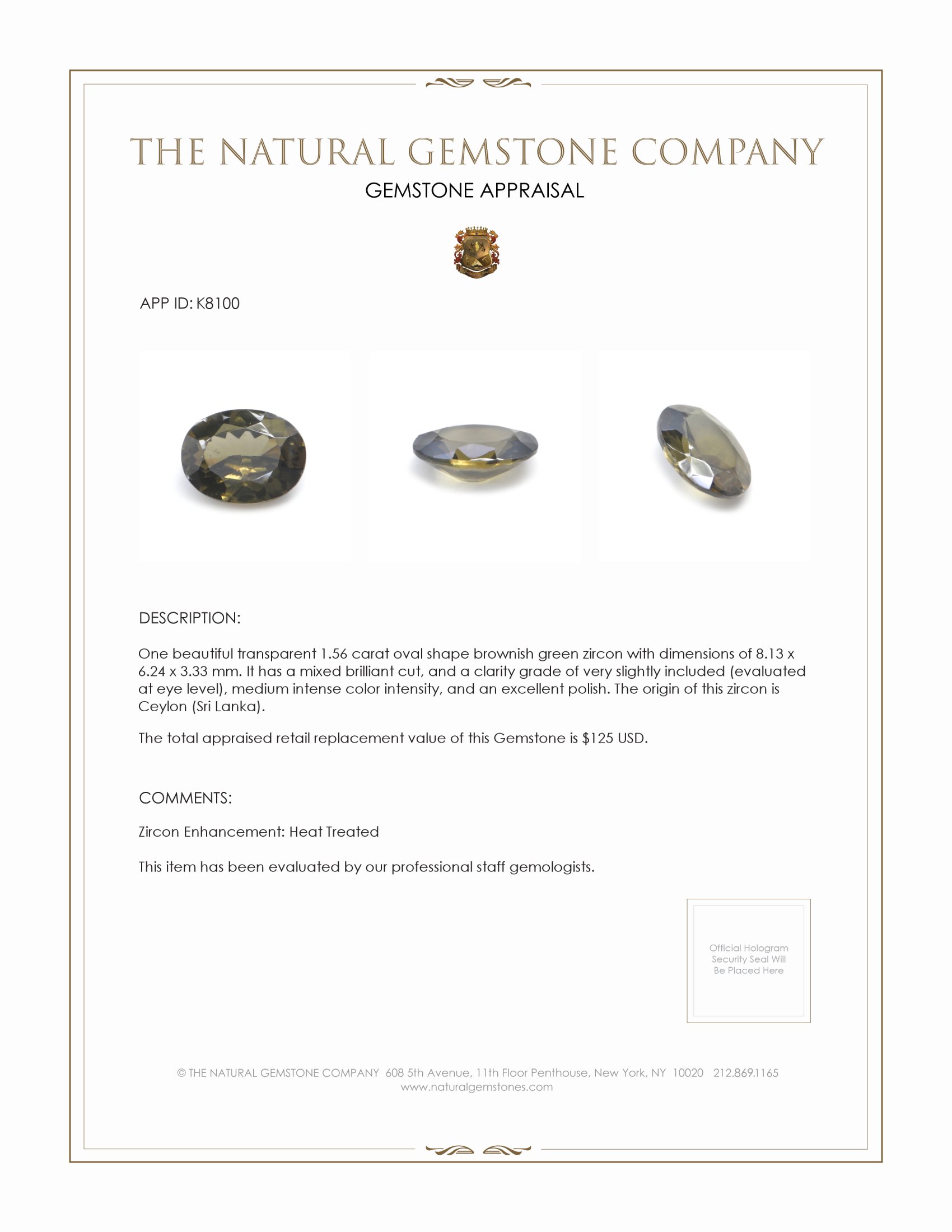 1.56 Ct. Brownish Green Zircon from Ceylon (Sri Lanka)
