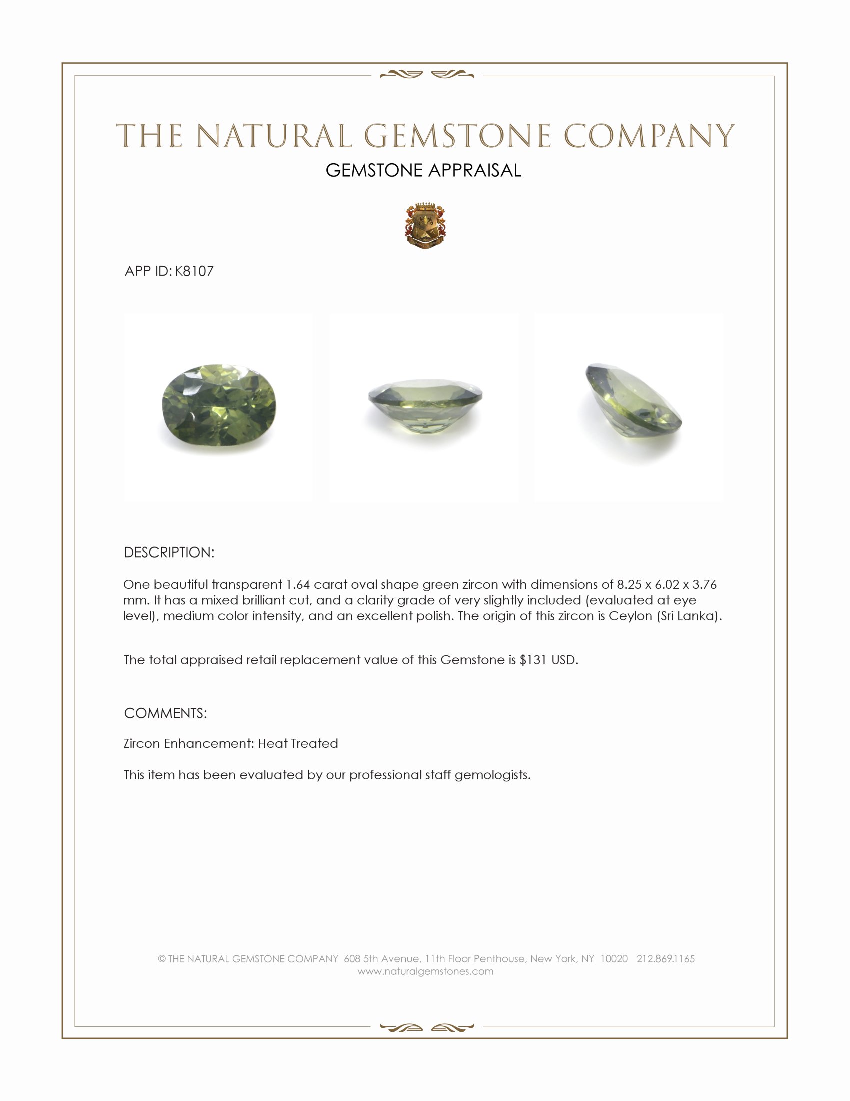 1.64 Ct. Green Zircon from Ceylon (Sri Lanka)
