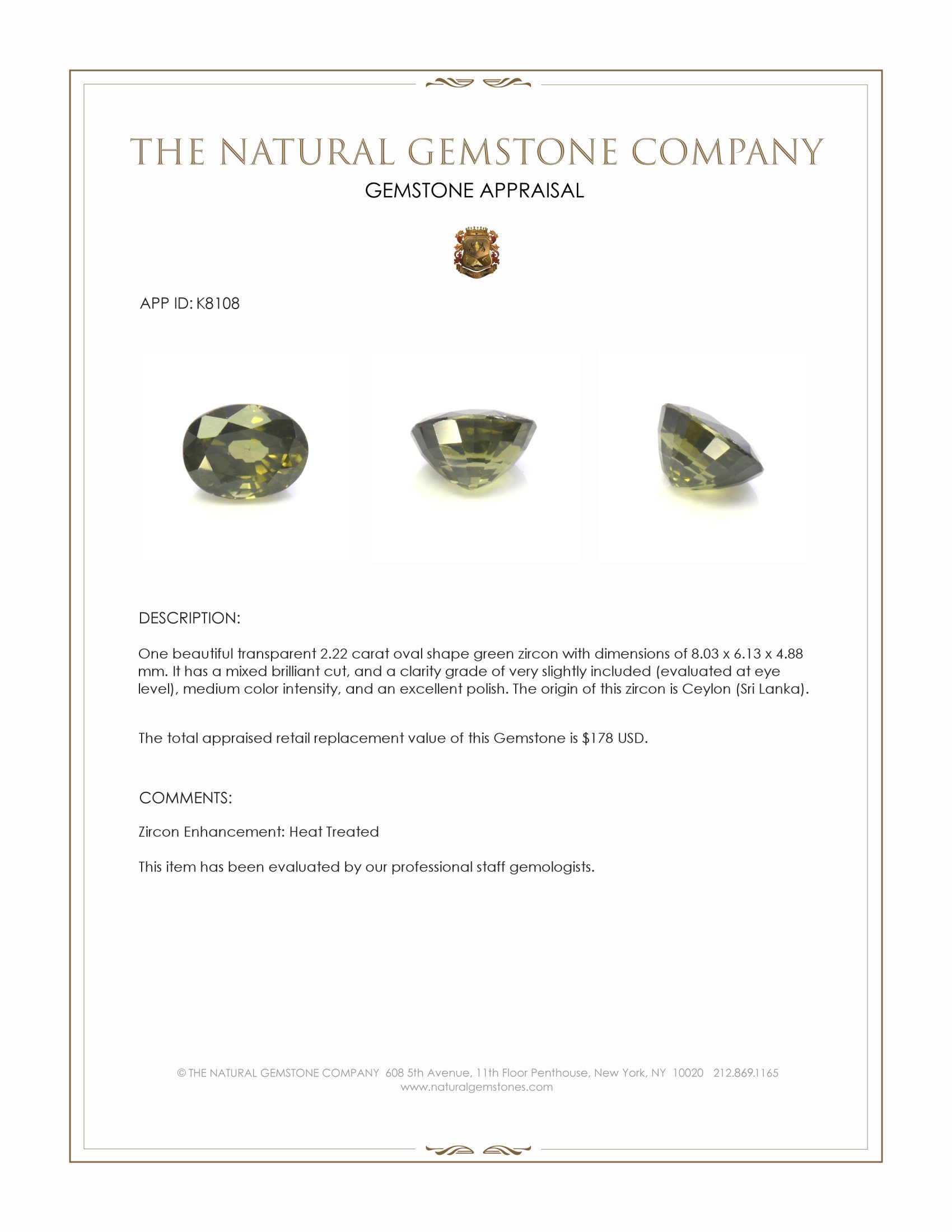2.22 Ct. Green Zircon from Ceylon (Sri Lanka)