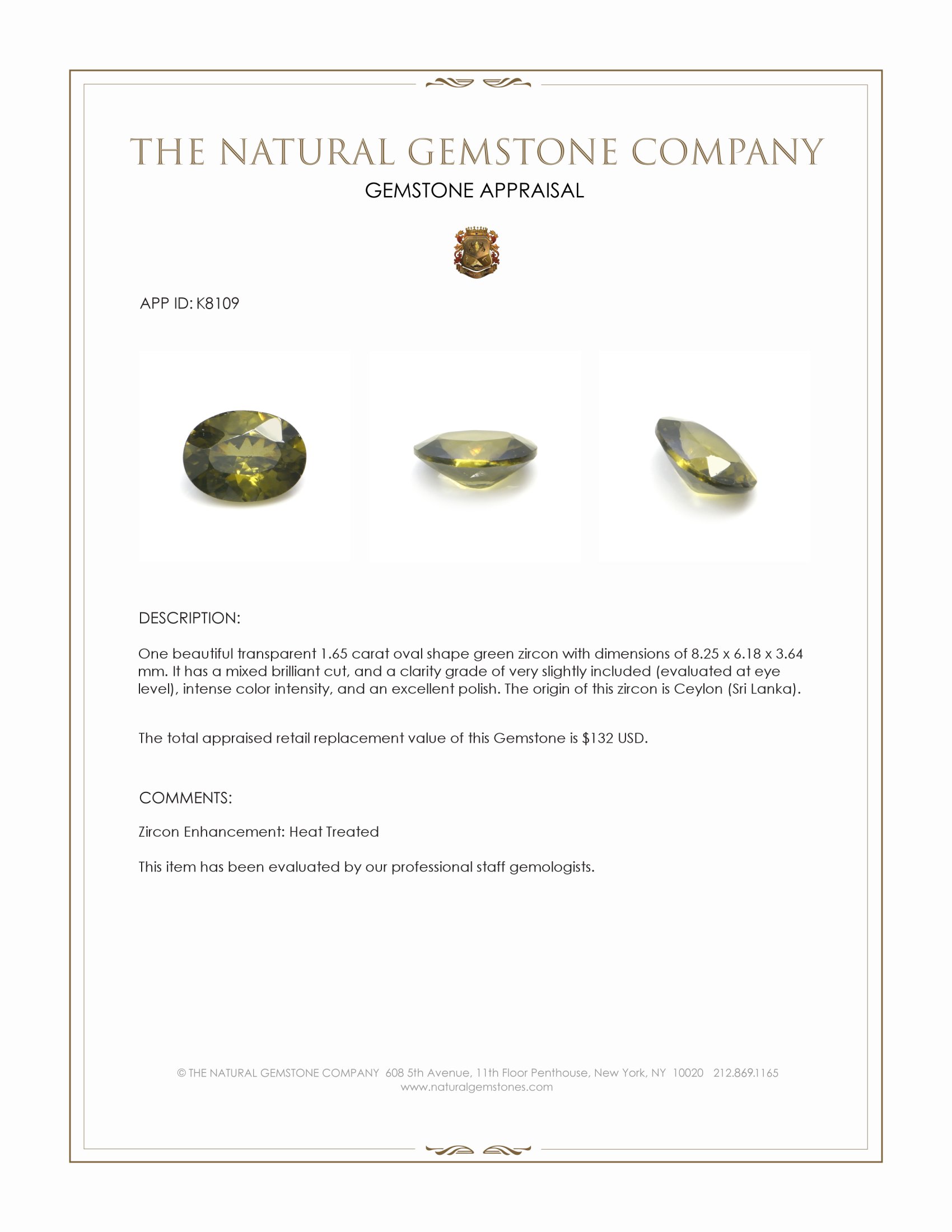 1.65 Ct. Green Zircon from Ceylon (Sri Lanka)