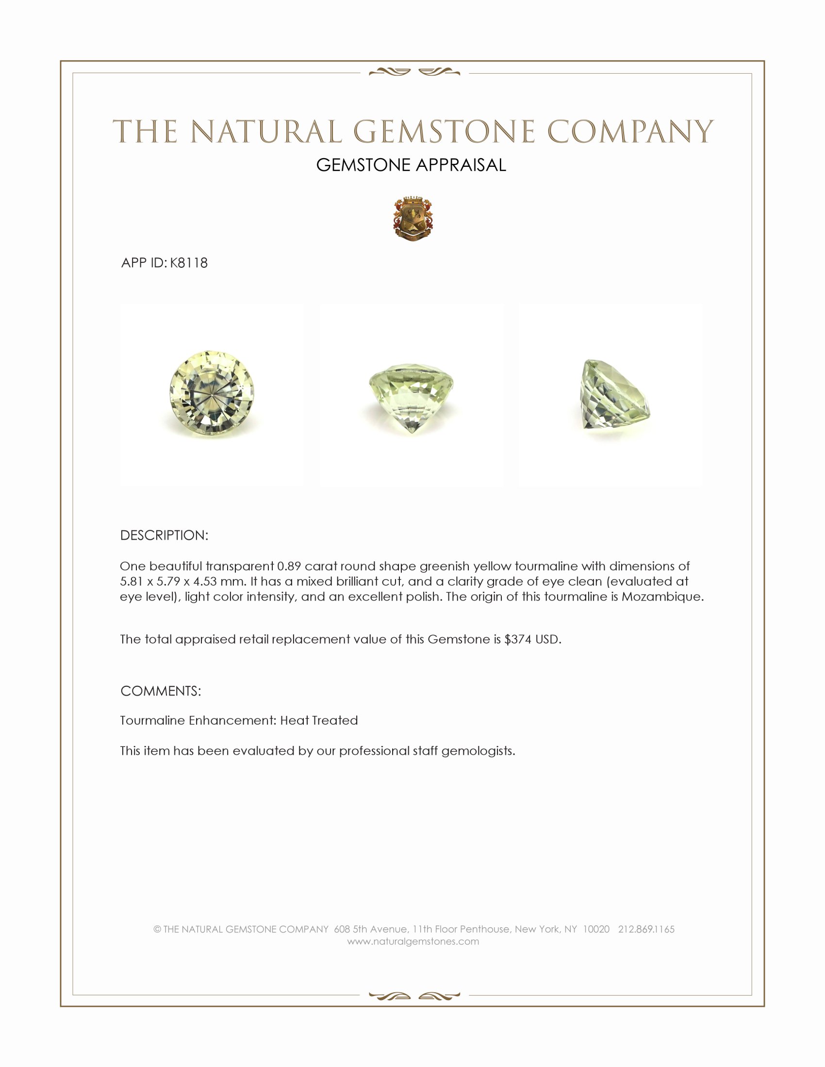 0.89 Ct. Greenish Yellow Tourmaline from Mozambique