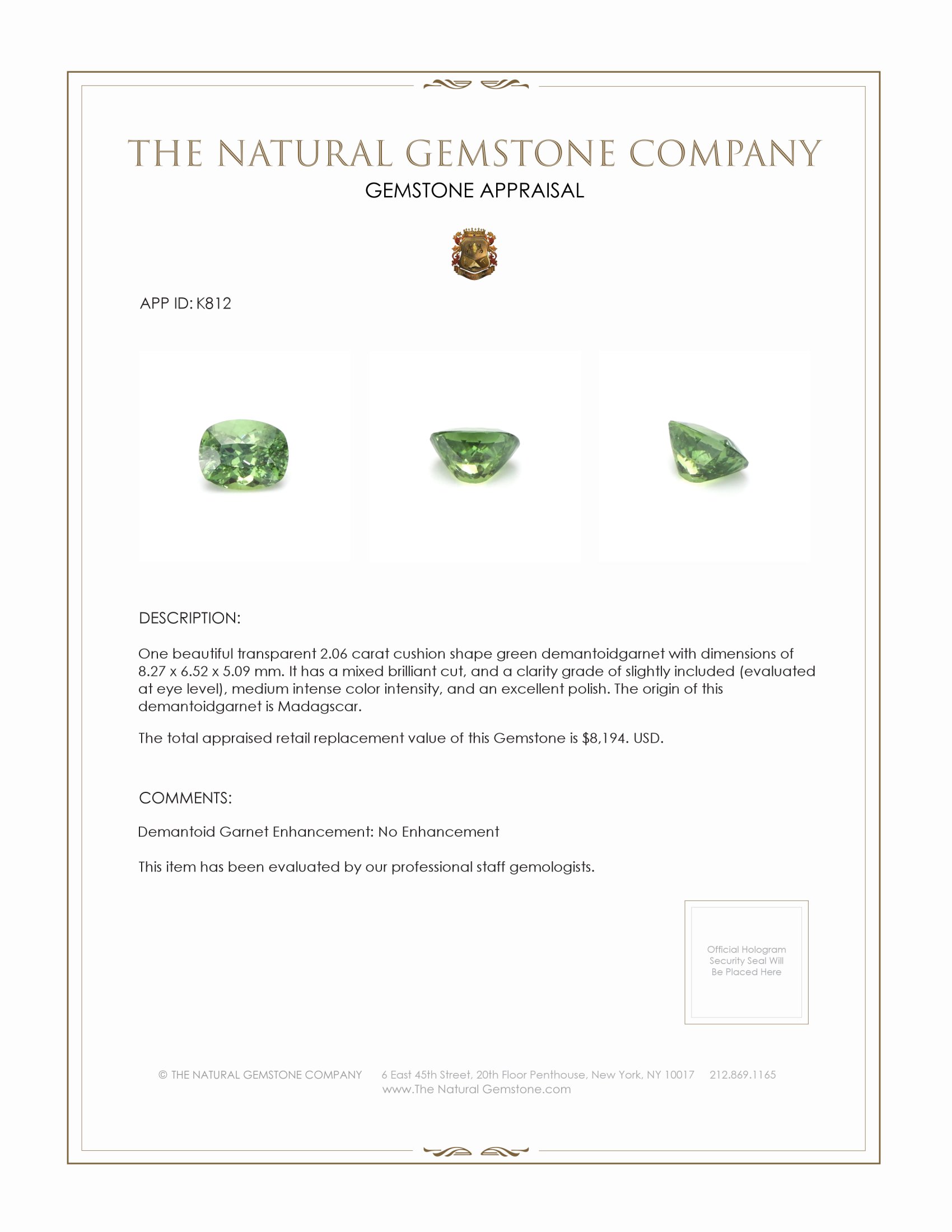 2.06 Ct. Demantoid Garnet from Madagascar