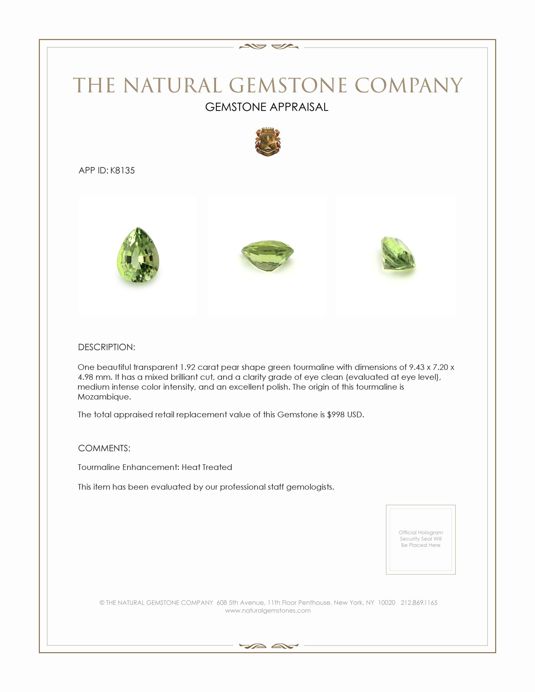 1.92 Ct. Tourmaline from Mozambique