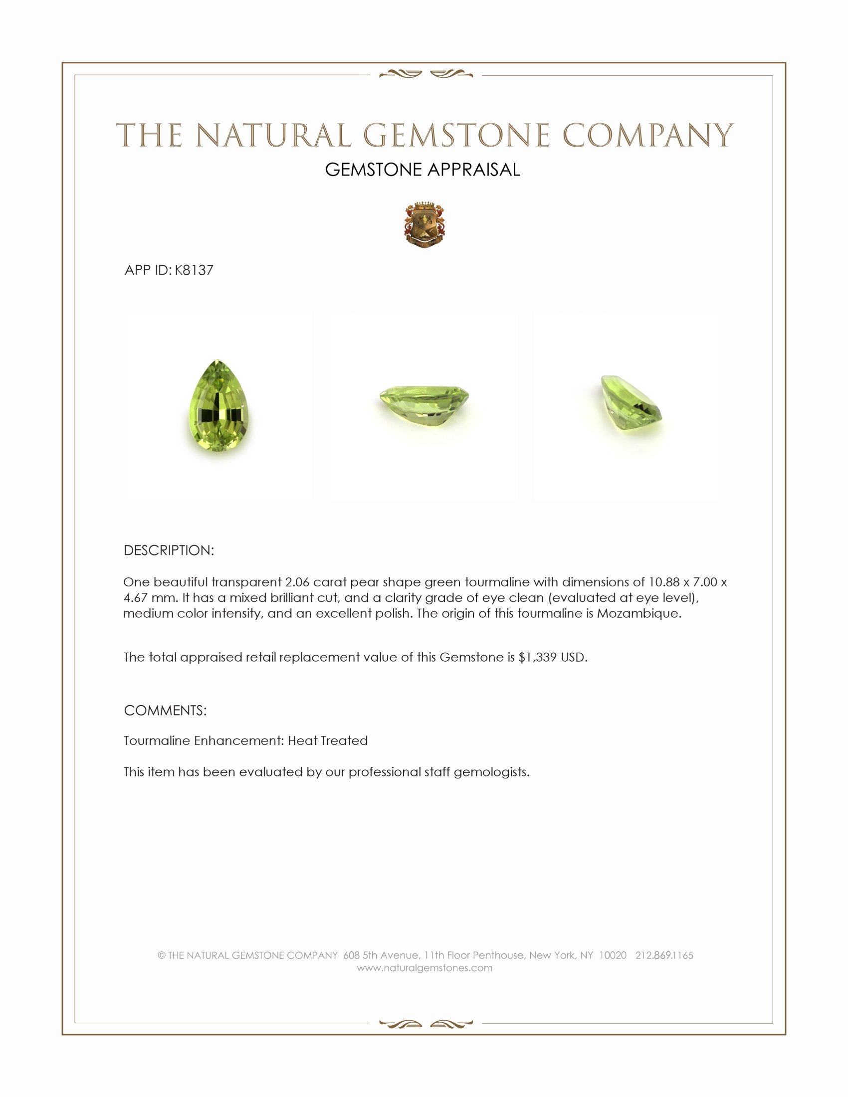 2.06 Ct. Green Tourmaline from Mozambique