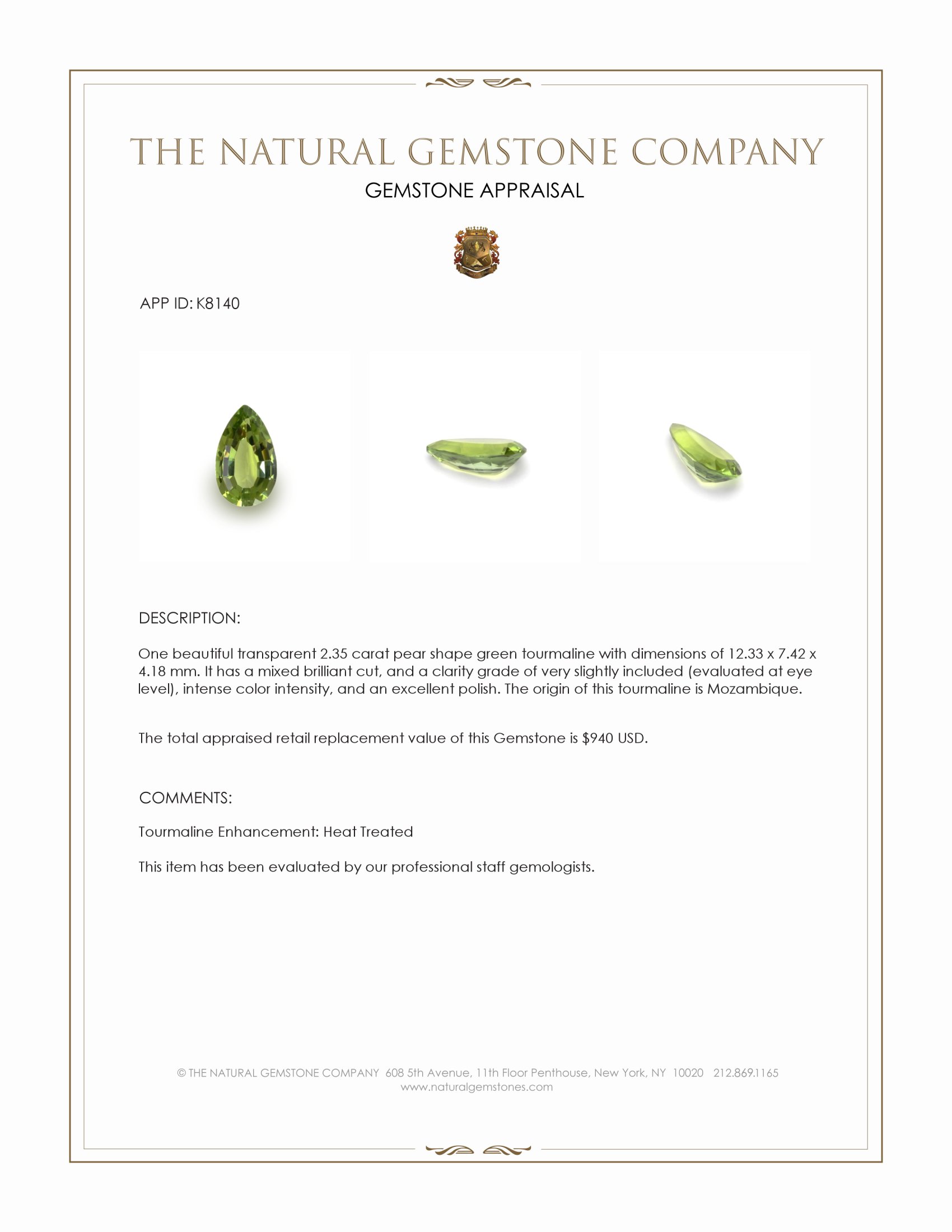 2.35 Ct. Green Tourmaline from Mozambique