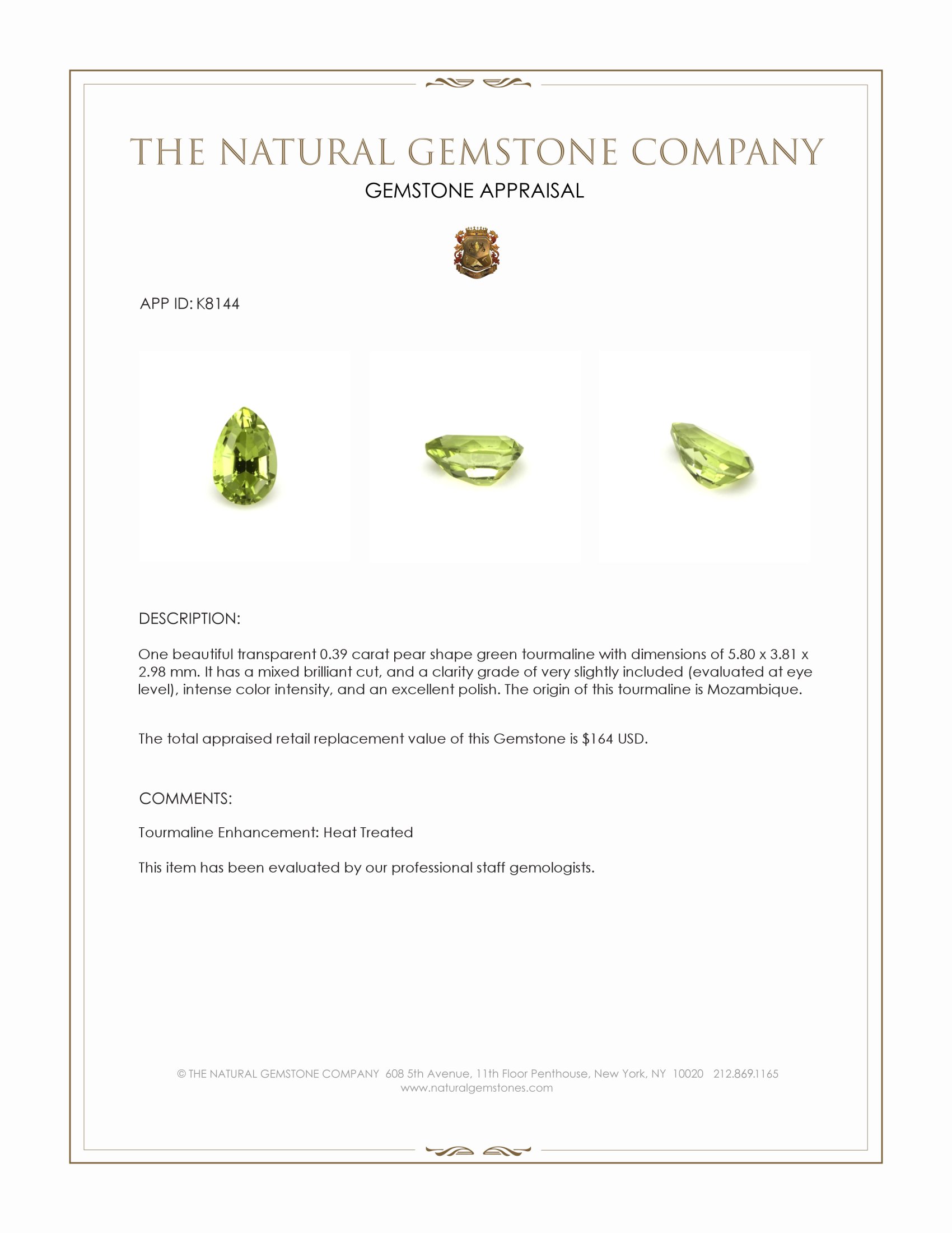 0.39 Ct. Green Tourmaline from Mozambique