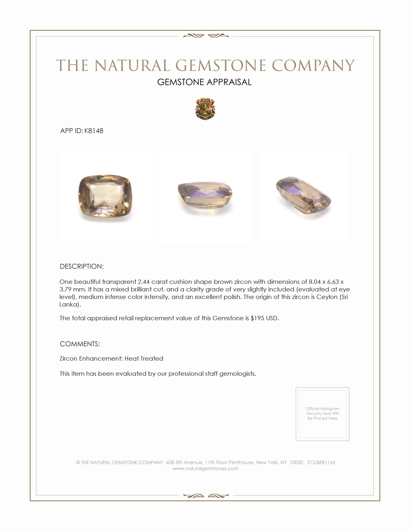 2.44 Ct. Brown Zircon from Ceylon (Sri Lanka)