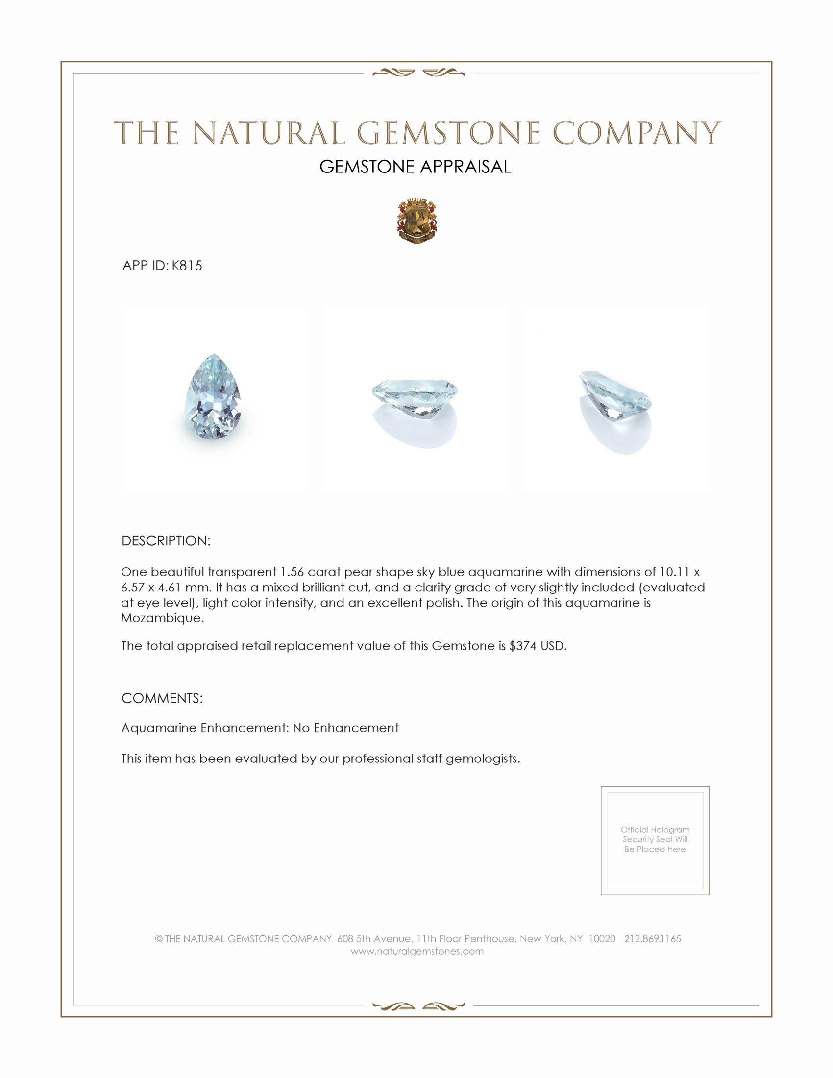 1.56 Ct. Aquamarine from Mozambique