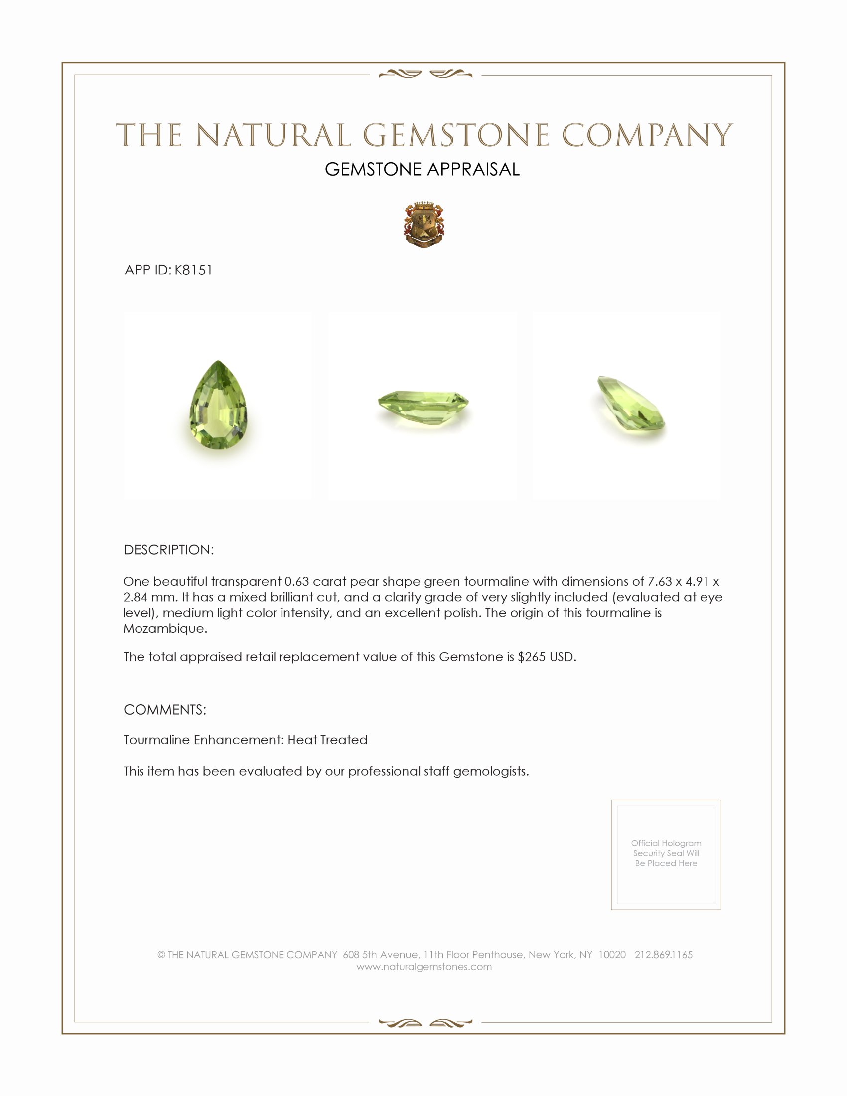 0.63 Ct. Green Tourmaline from Mozambique