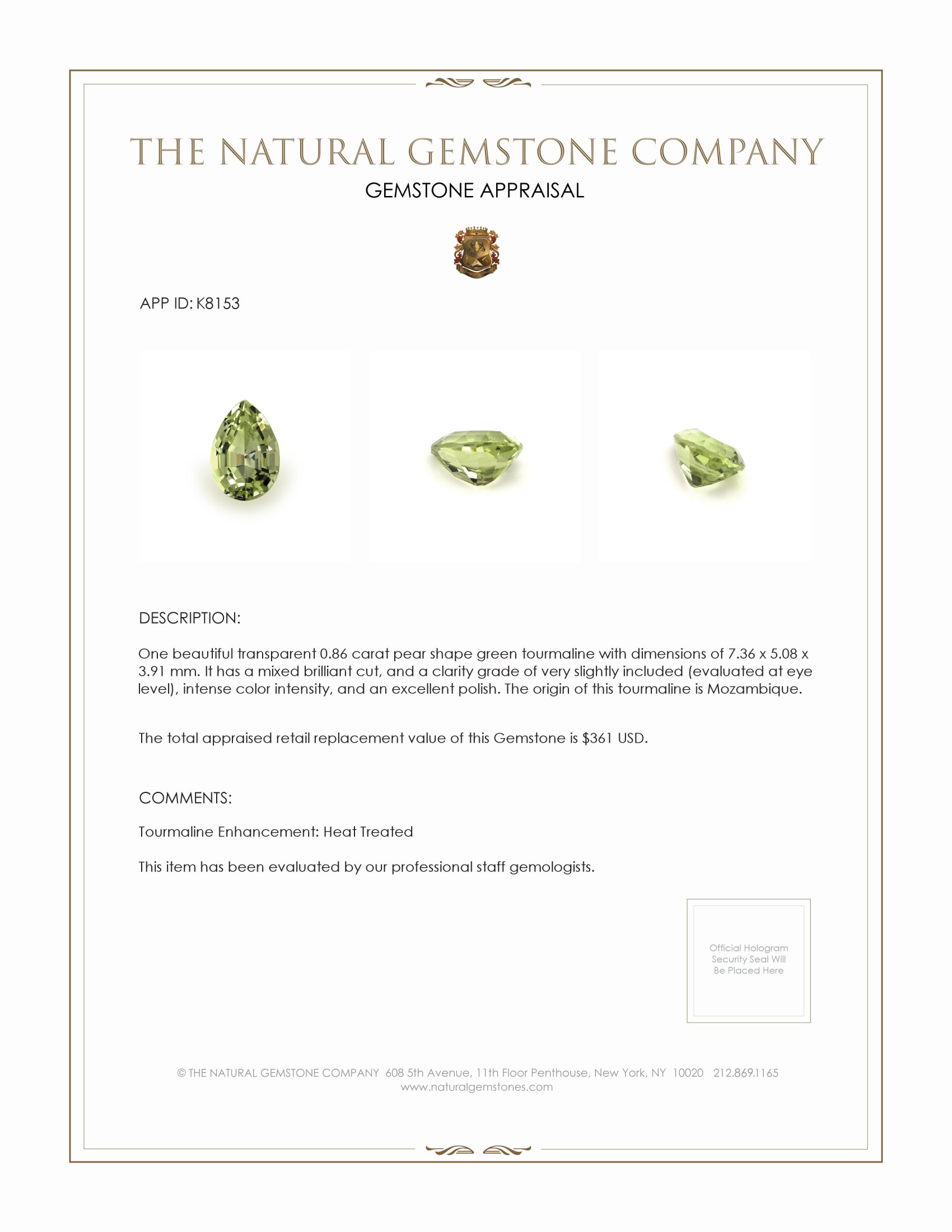 0.86 Ct. Green Tourmaline from Mozambique