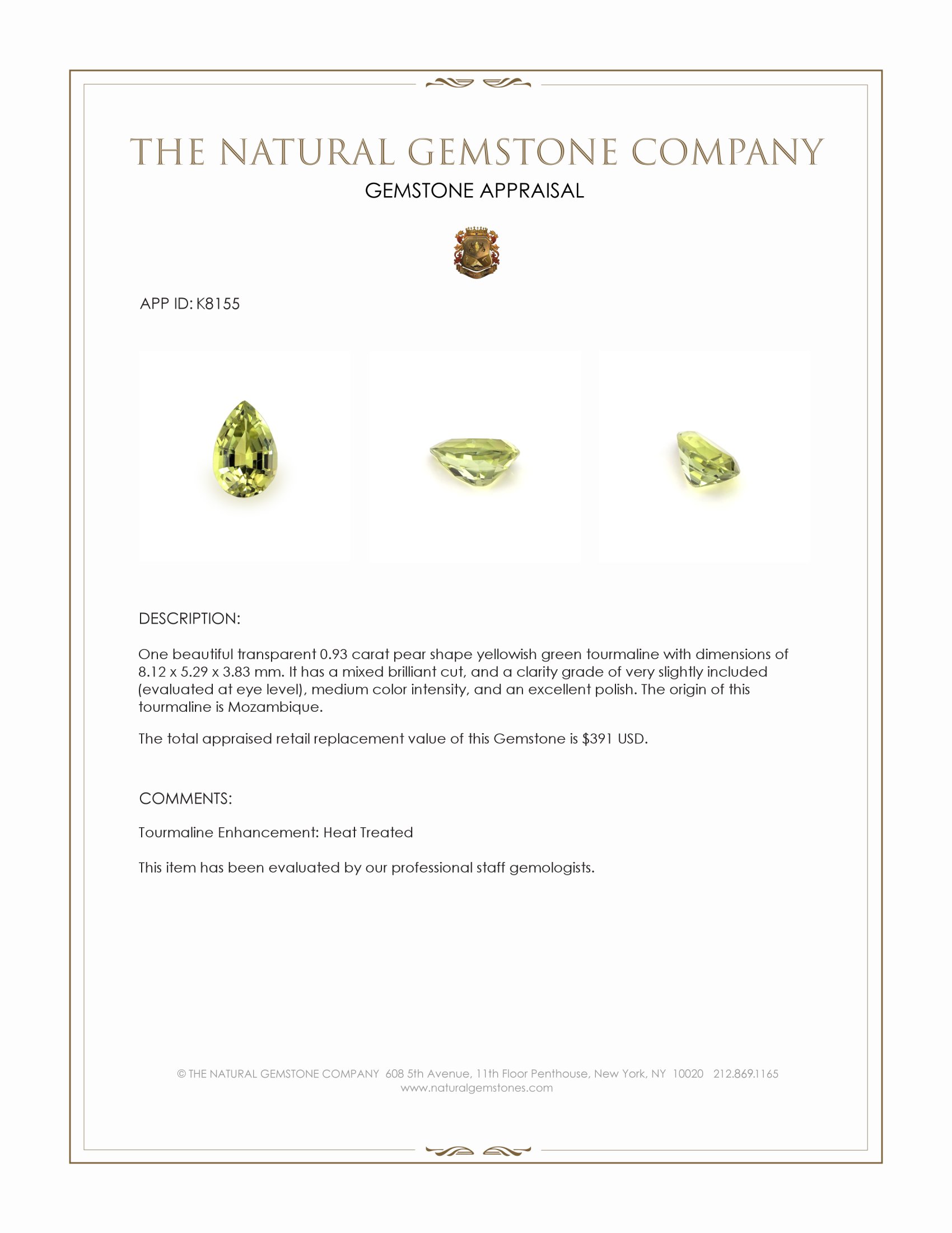 0.93 Ct. Yellowish Green Tourmaline from Mozambique