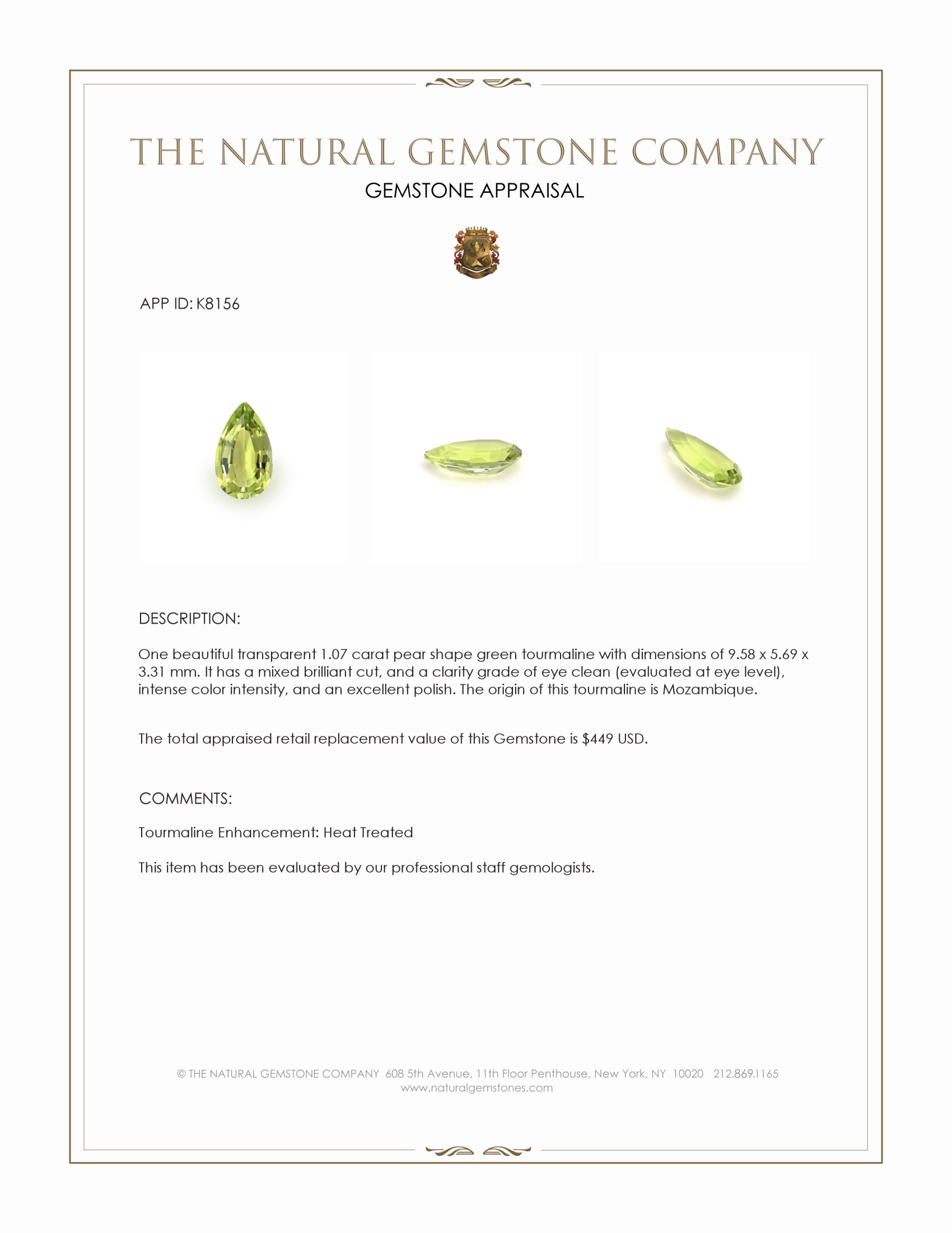 1.07 Ct. Green Tourmaline from Mozambique