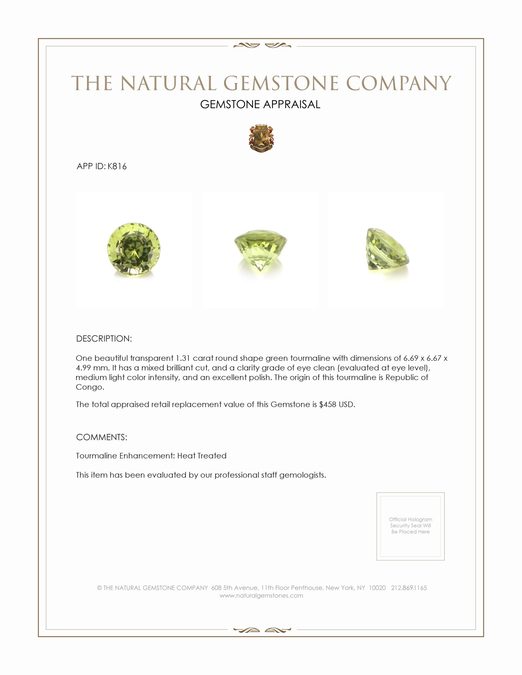 1.31 Ct. Green Tourmaline from Republic of Congo