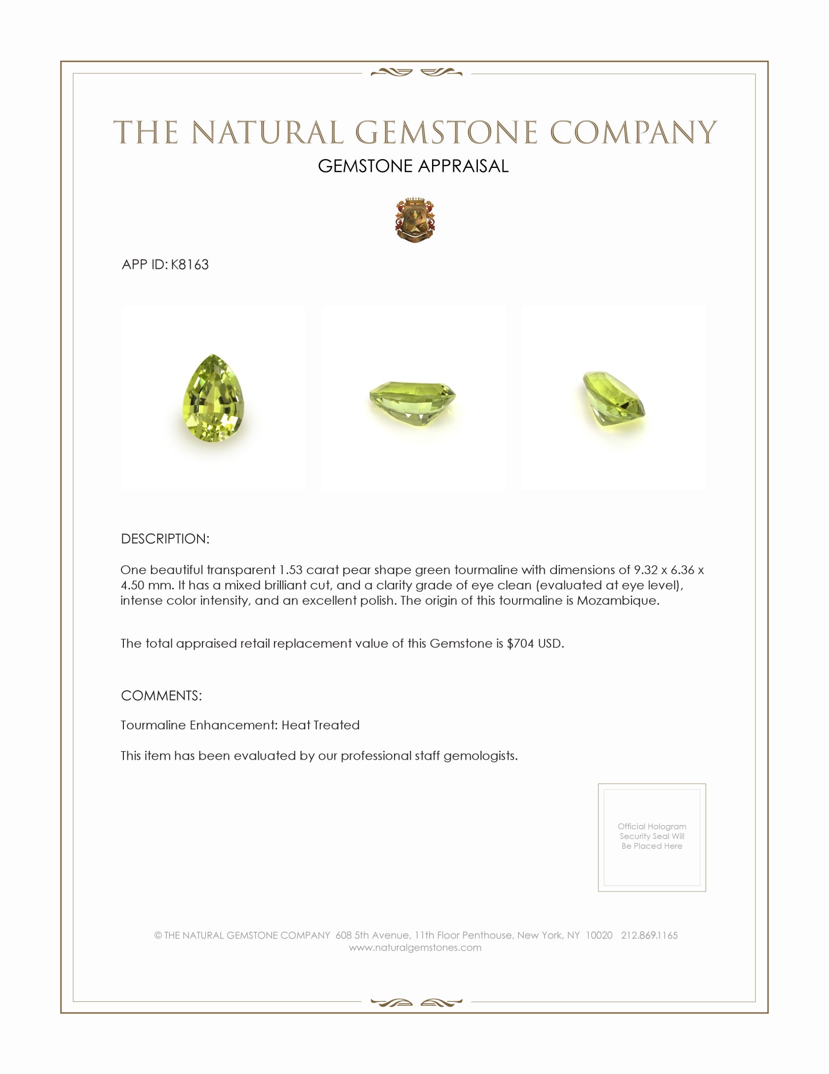 1.53 Ct. Green Tourmaline from Mozambique