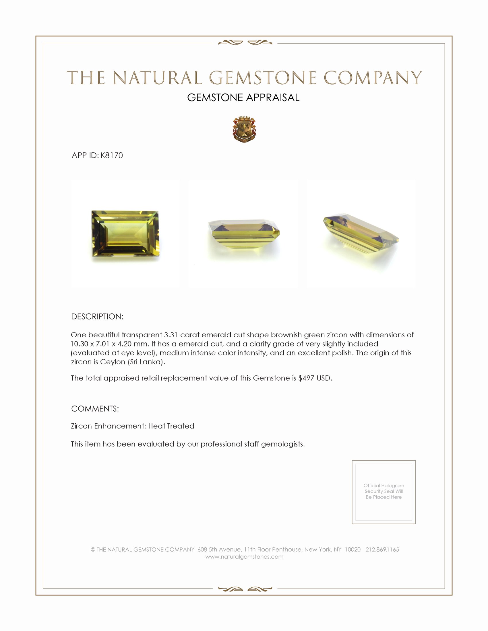 3.31 Ct. Brownish Green Zircon from Ceylon (Sri Lanka)