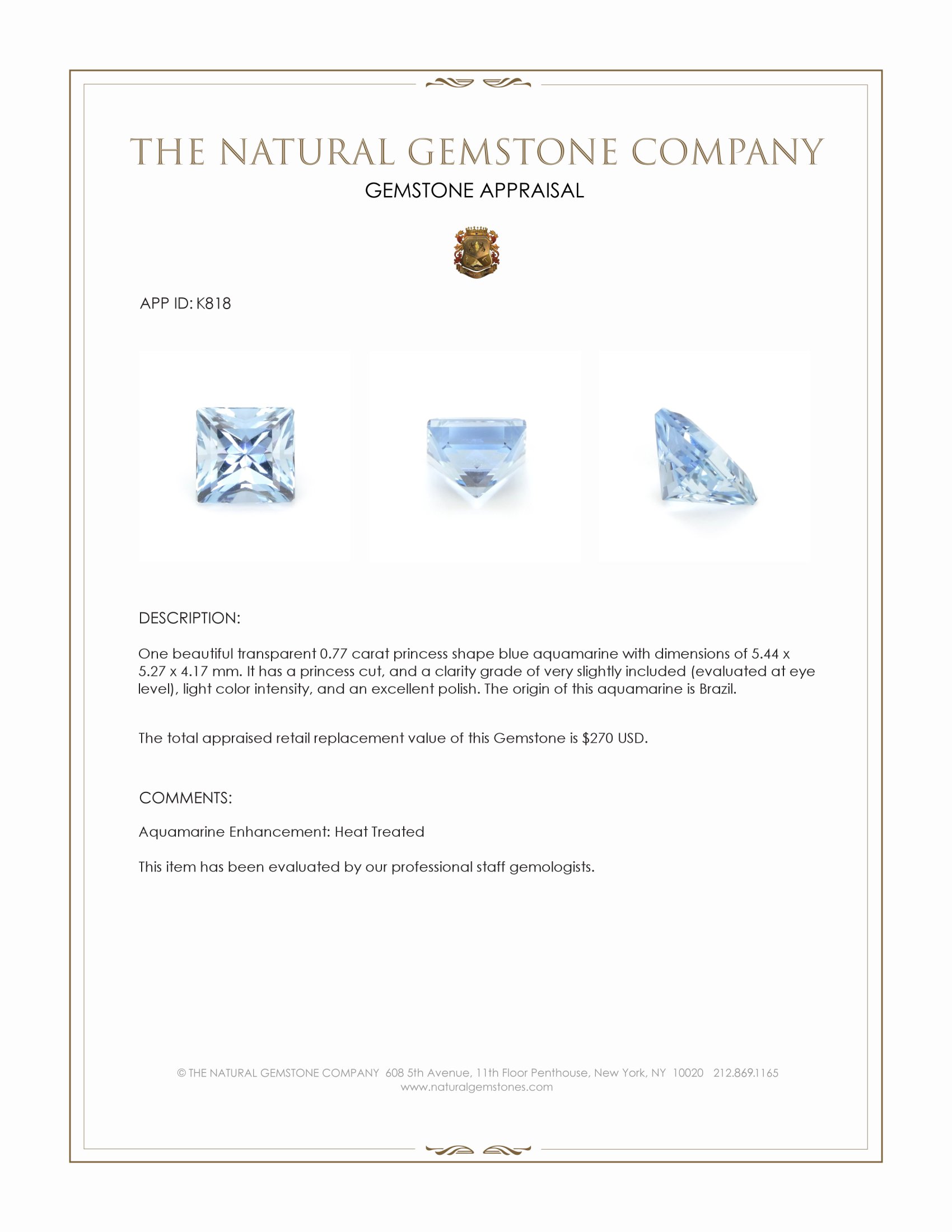 0.77 Ct. Blue Aquamarine from Brazil