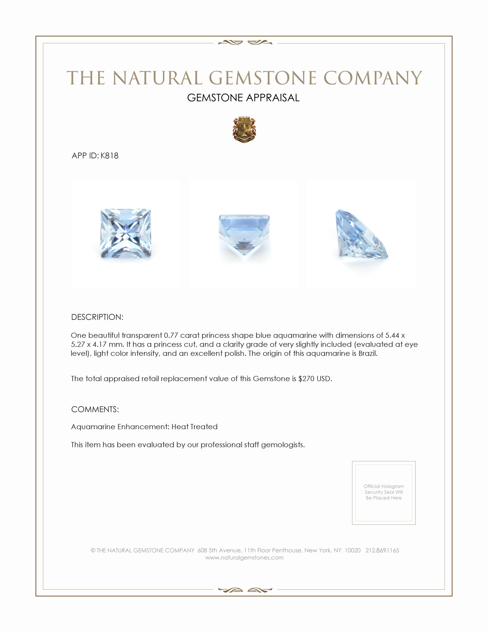 0.77 Ct. Aquamarine from Brazil