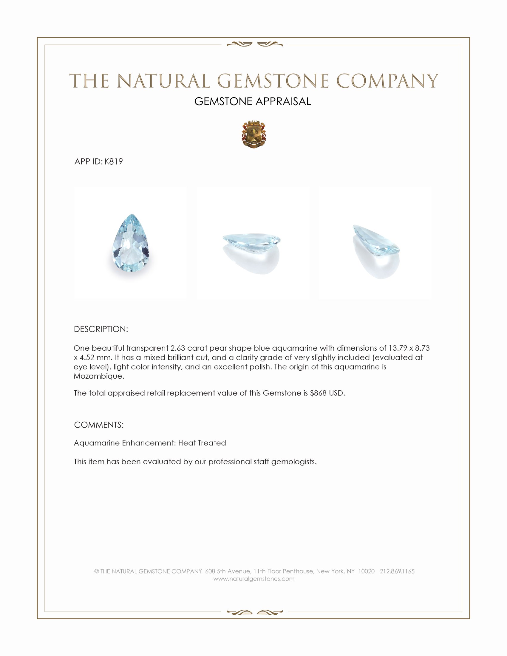 2.63 Ct. Blue Aquamarine from Mozambique