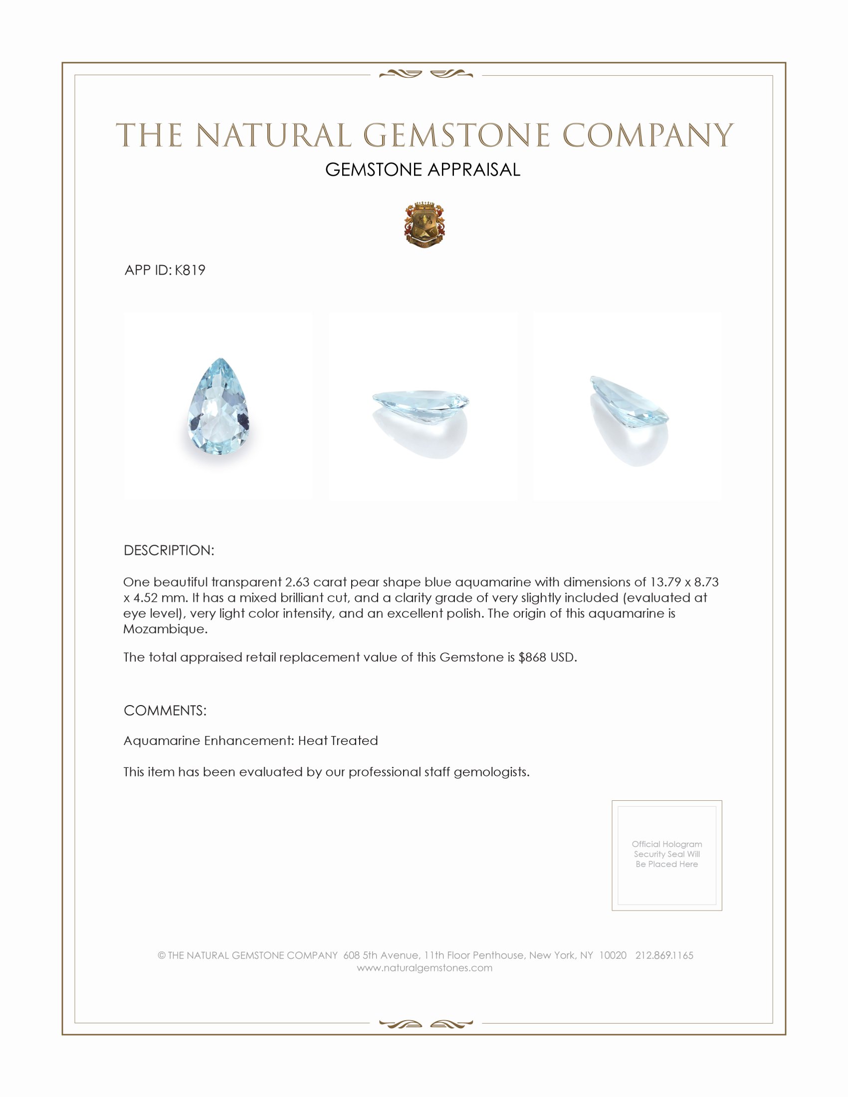 2.63 Ct. Aquamarine from Mozambique